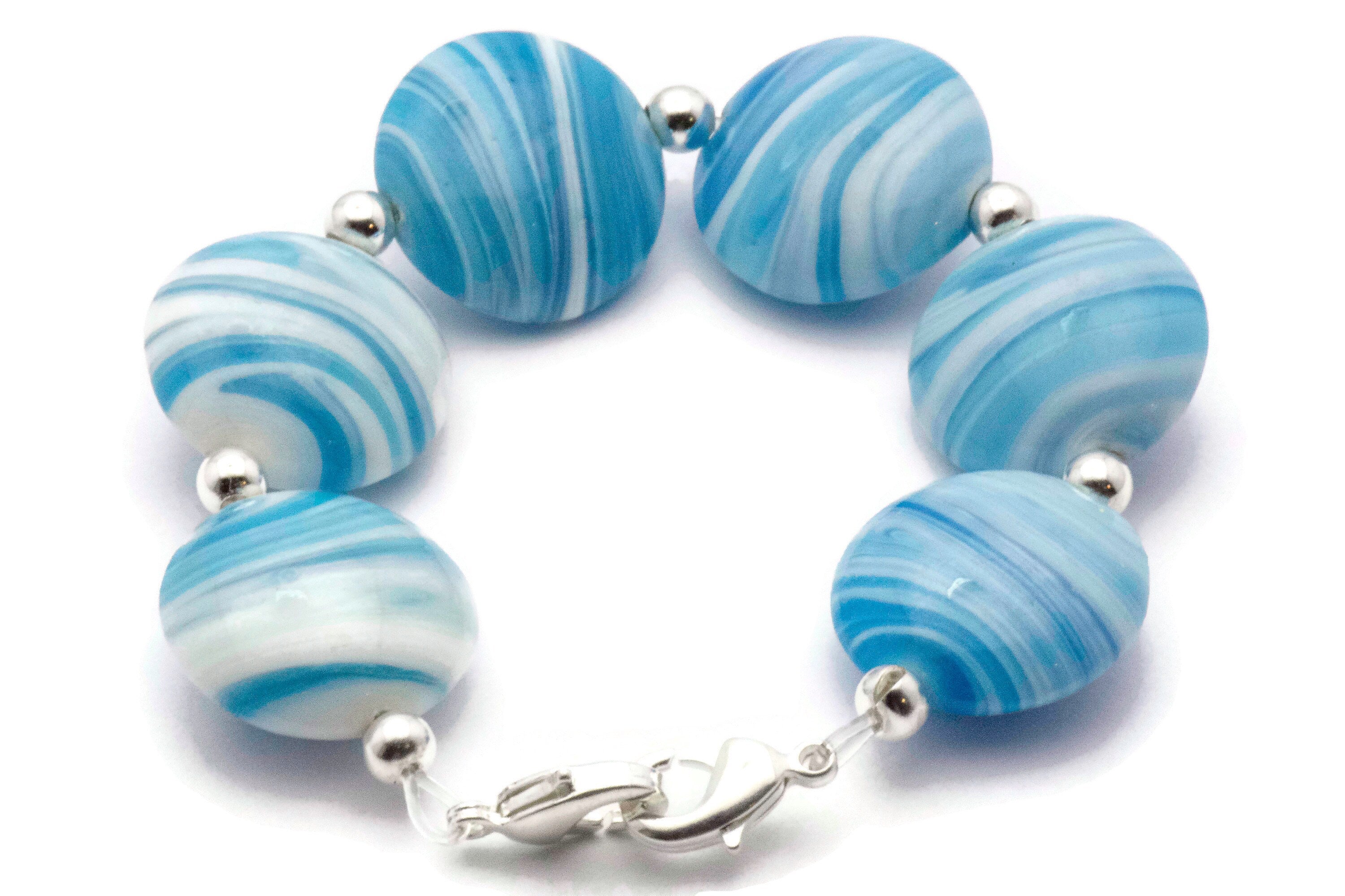 Blue Marble Glass Beaded Bracelet Watch Band • Medical ID Bracelet • Handmade Watch Band • Stretch Watch Band