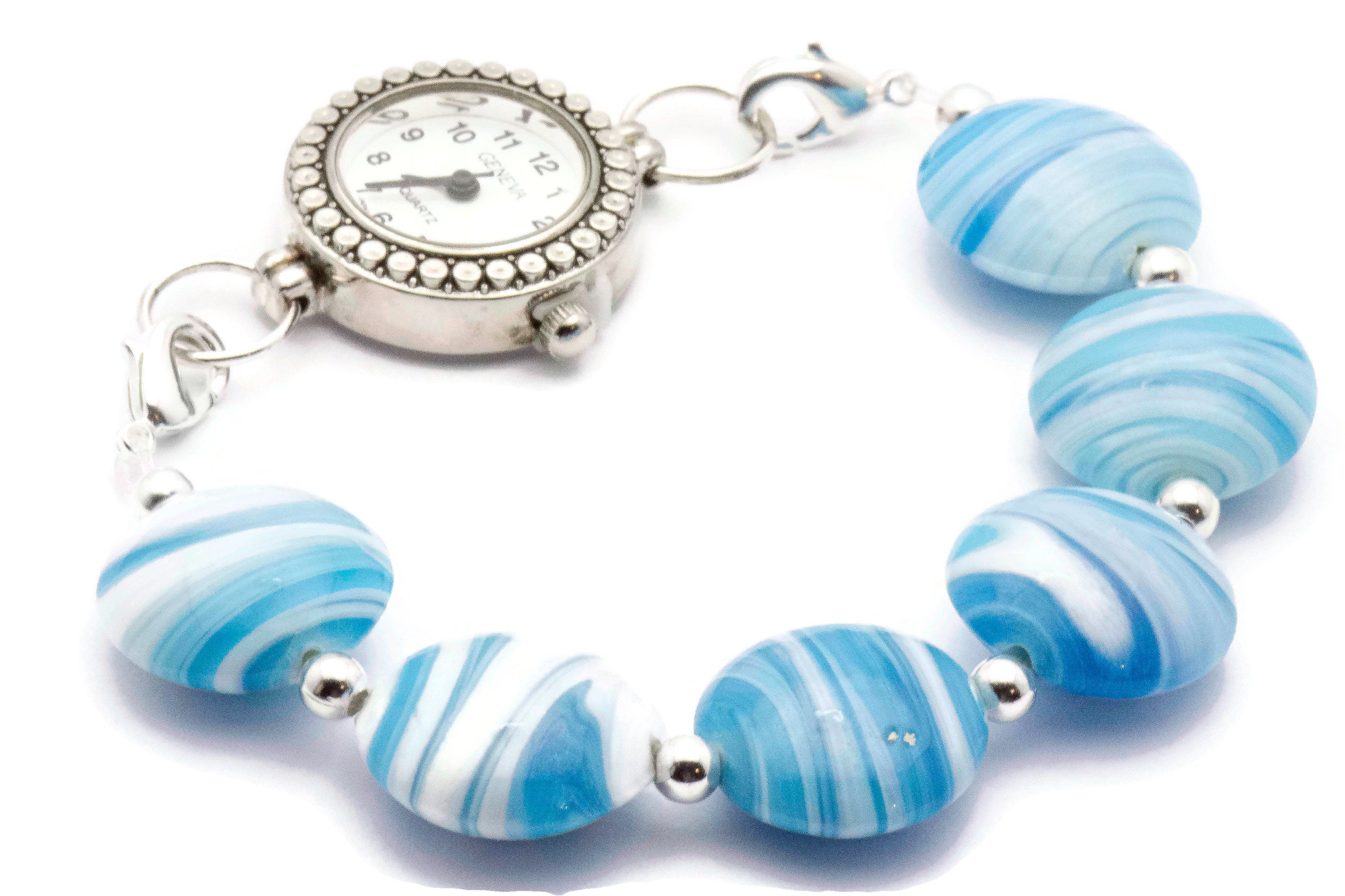 Blue Marble Glass Beaded Bracelet Watch Band • Medical ID Bracelet • Handmade Watch Band • Stretch Watch Band