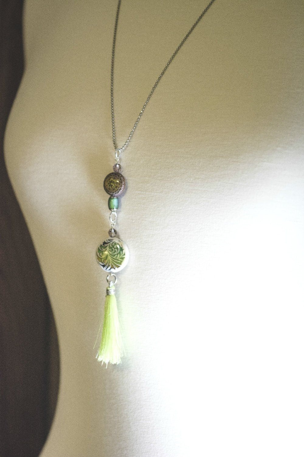 Lime Tassel Necklace, Mood Bead, Tassel Necklace, Long