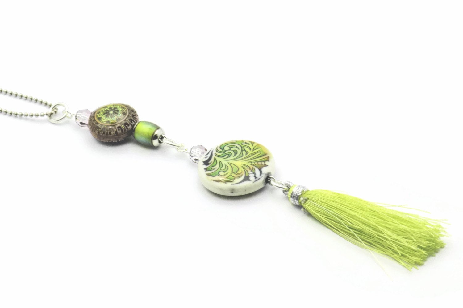 Lime Tassel Necklace, Mood Bead, Tassel Necklace, Long