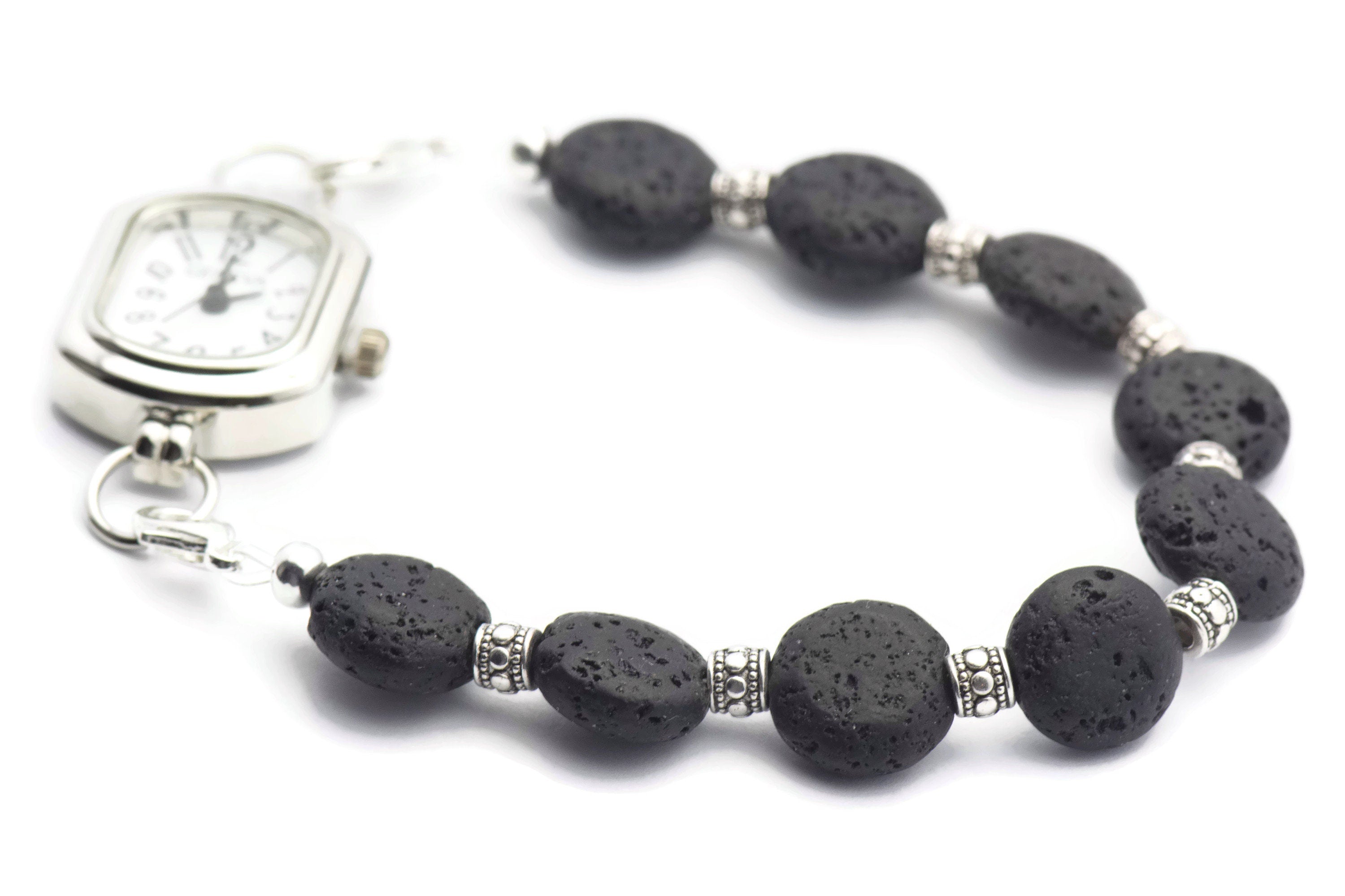 Black Lava Coin Watch Band • Medical ID Bracelet • Handmade Watch Band • Stretch Watch Band