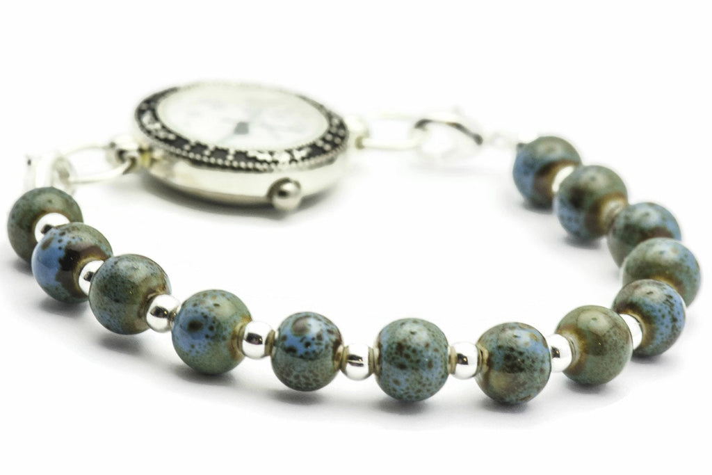 Blue Porcelain Round Stretch Interchangeable Beaded Bracelet Watch Band • Medical ID Bracelet • Ladies Watch Band