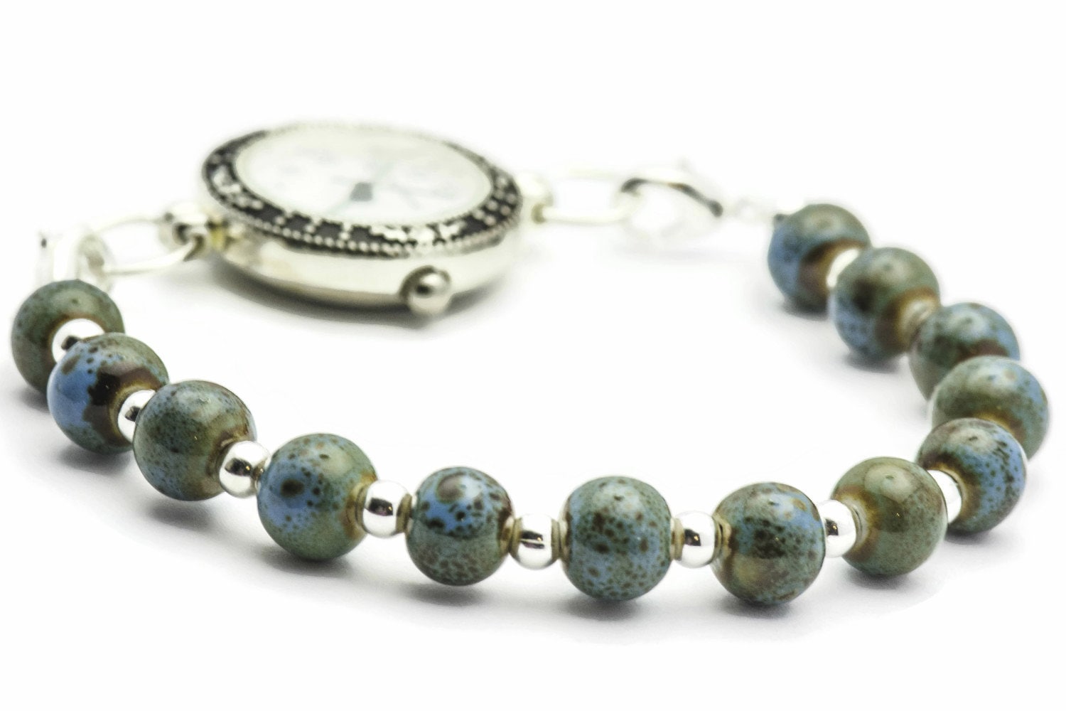 Blue Porcelain Round Stretch Interchangeable Beaded Bracelet Watch Band • Medical ID Bracelet • Ladies Watch Band