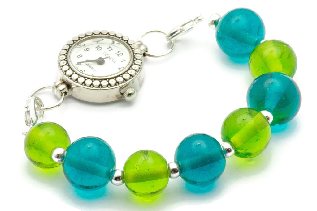 Chartreuse & Teal Beaded Bracelet Watch Band • Medical ID Bracelet • Handmade Watch Band • Stretch Watch Band