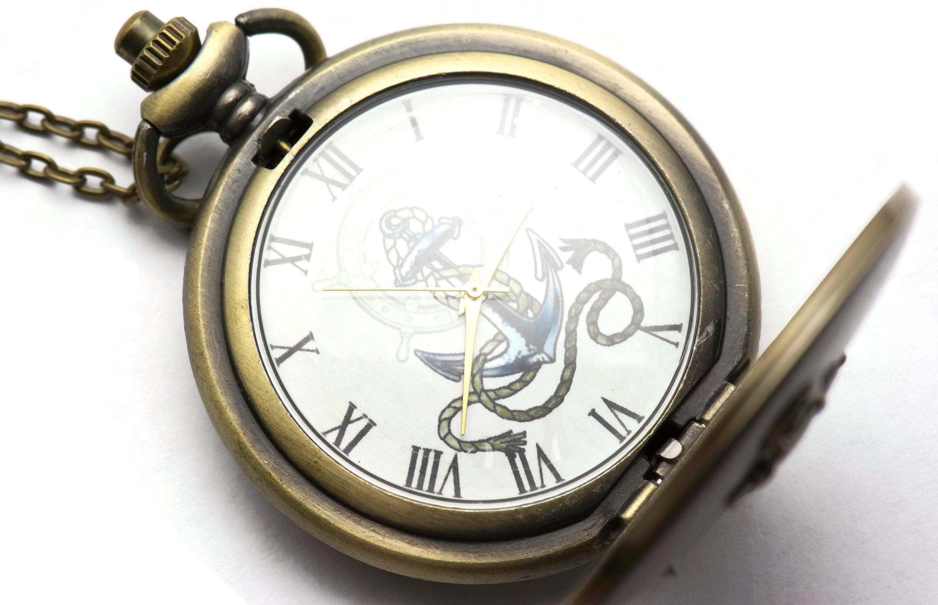 Large Antique Bronze Anchor Pocket Watch Necklace | Long Necklace Watch | Bronze Pocket Watch | Ladies Pocket Watch | Necklace - WA00065