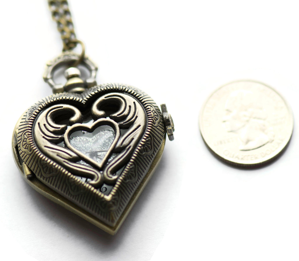 Carved Heart Pocket Watch Necklace / Long Necklace Watch / Watch Locket Necklace / Pocket Watch Pendant / Ladies Pocket Watch