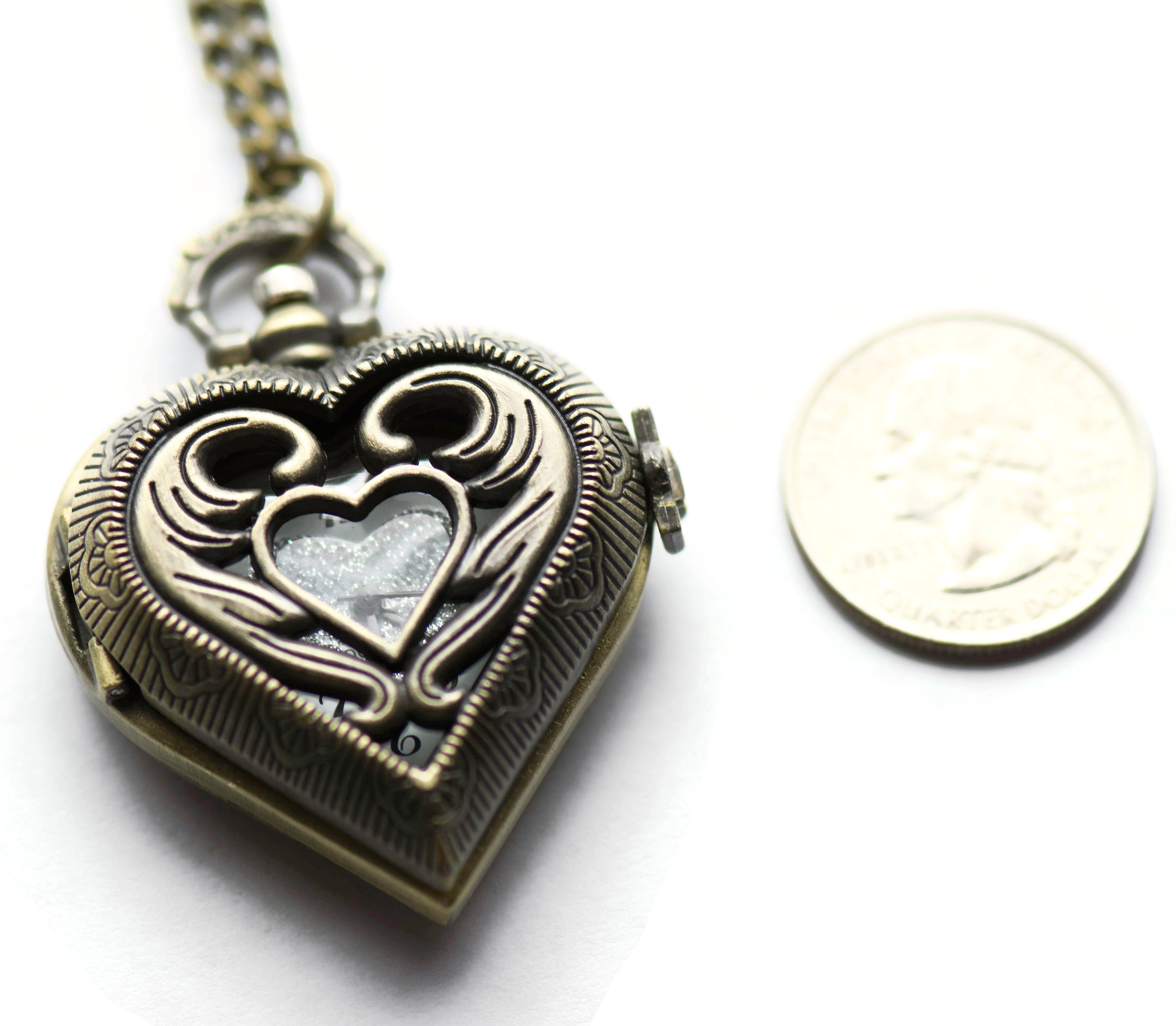 Carved Heart Pocket Watch Necklace / Long Necklace Watch / Watch Locket Necklace / Pocket Watch Pendant / Ladies Pocket Watch