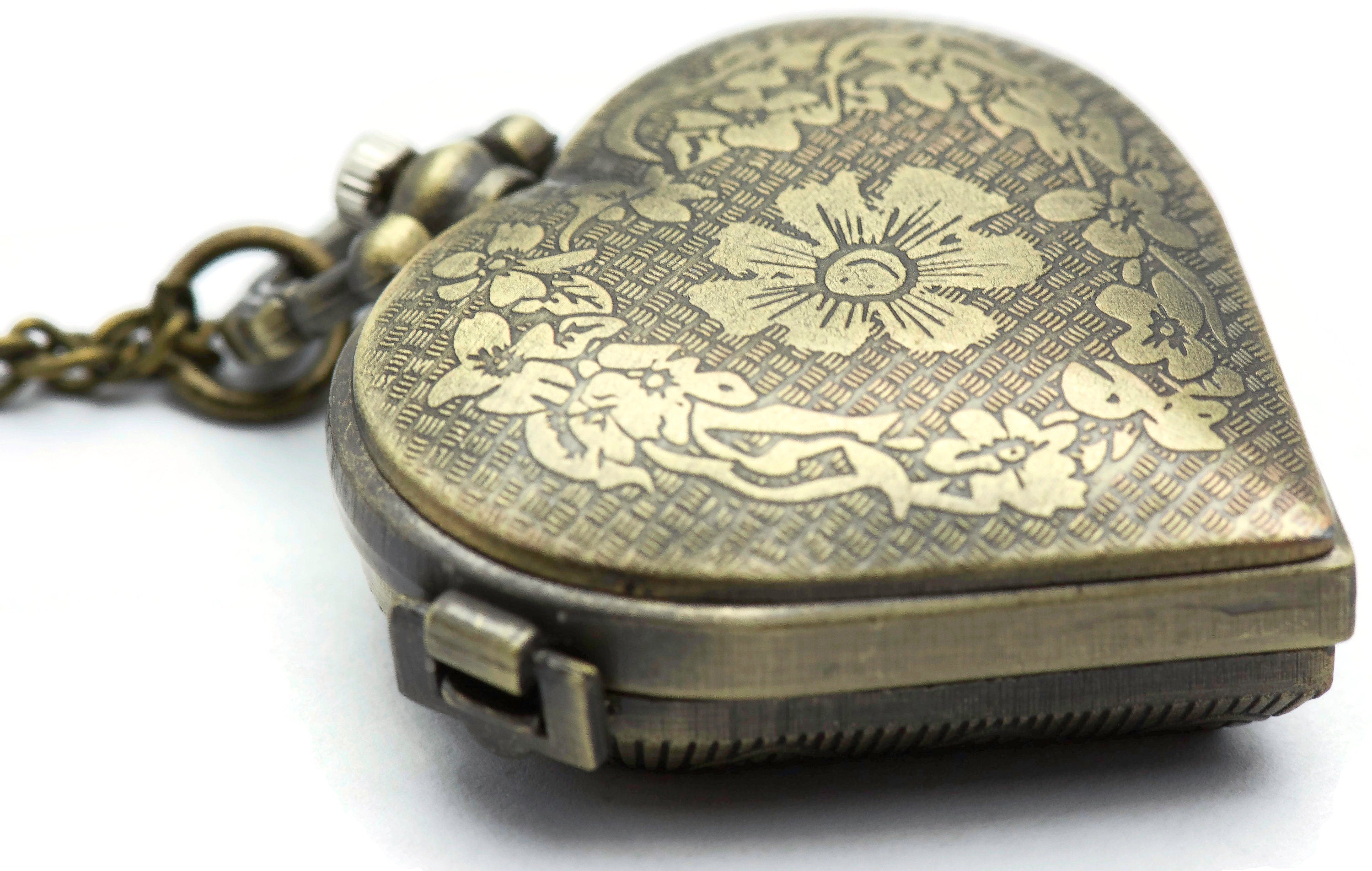 Carved Heart Pocket Watch Necklace / Long Necklace Watch / Watch Locket Necklace / Pocket Watch Pendant / Ladies Pocket Watch