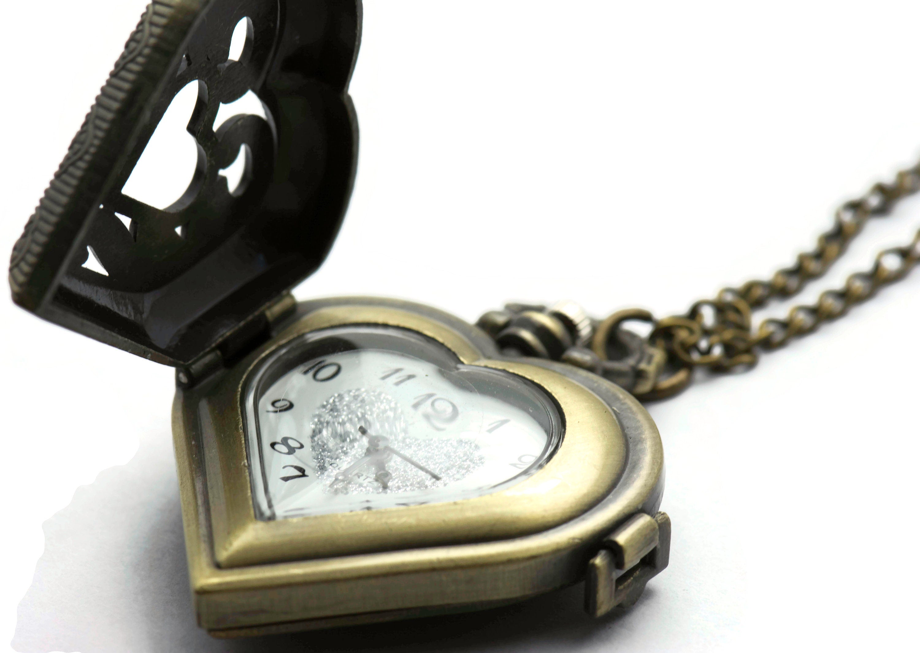 Carved Heart Pocket Watch Necklace / Long Necklace Watch / Watch Locket Necklace / Pocket Watch Pendant / Ladies Pocket Watch