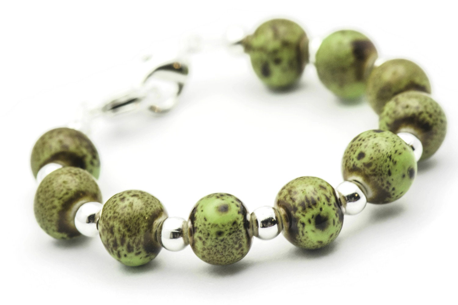 Green Ceramic Round Stretch Interchangeable Beaded Bracelet Watch Band • Medical ID Bracelet • Watch Band