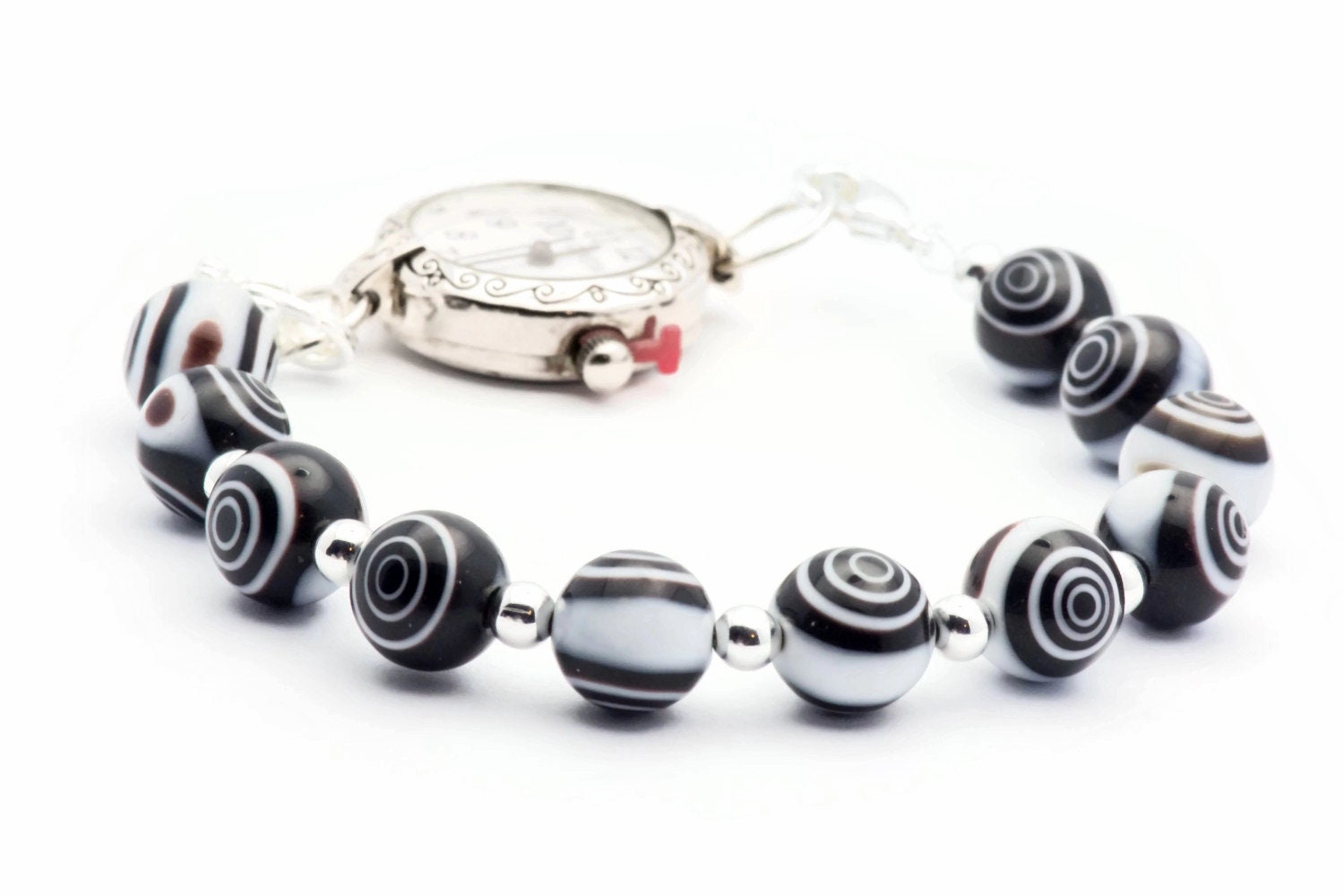 Black Eye Dot Stretch Interchangeable Beaded Bracelet Watch Band • Medical ID Bracelet • Glass Beaded Bracelet Watch Band