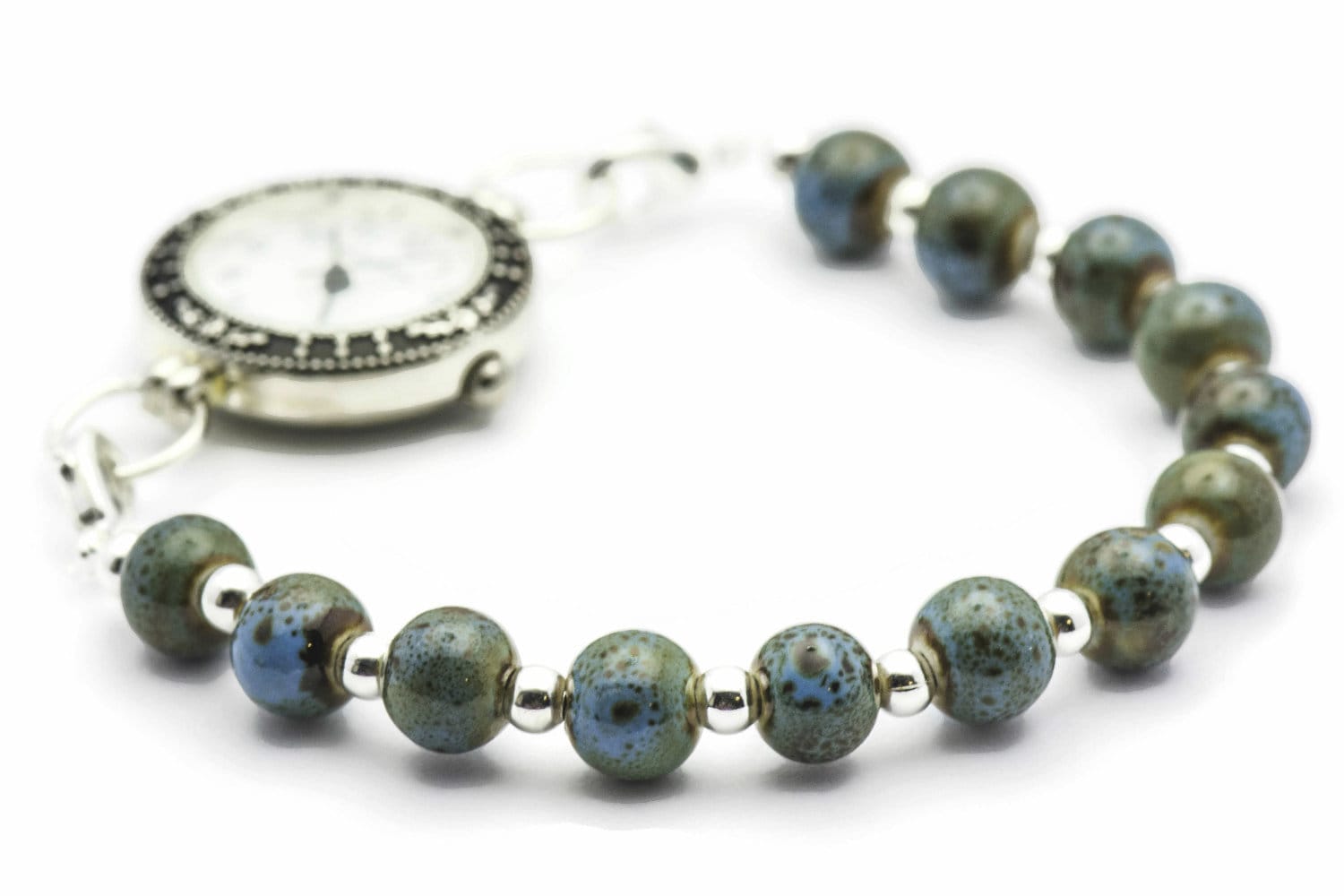 Blue Porcelain Round Stretch Interchangeable Beaded Bracelet Watch Band • Medical ID Bracelet • Ladies Watch Band