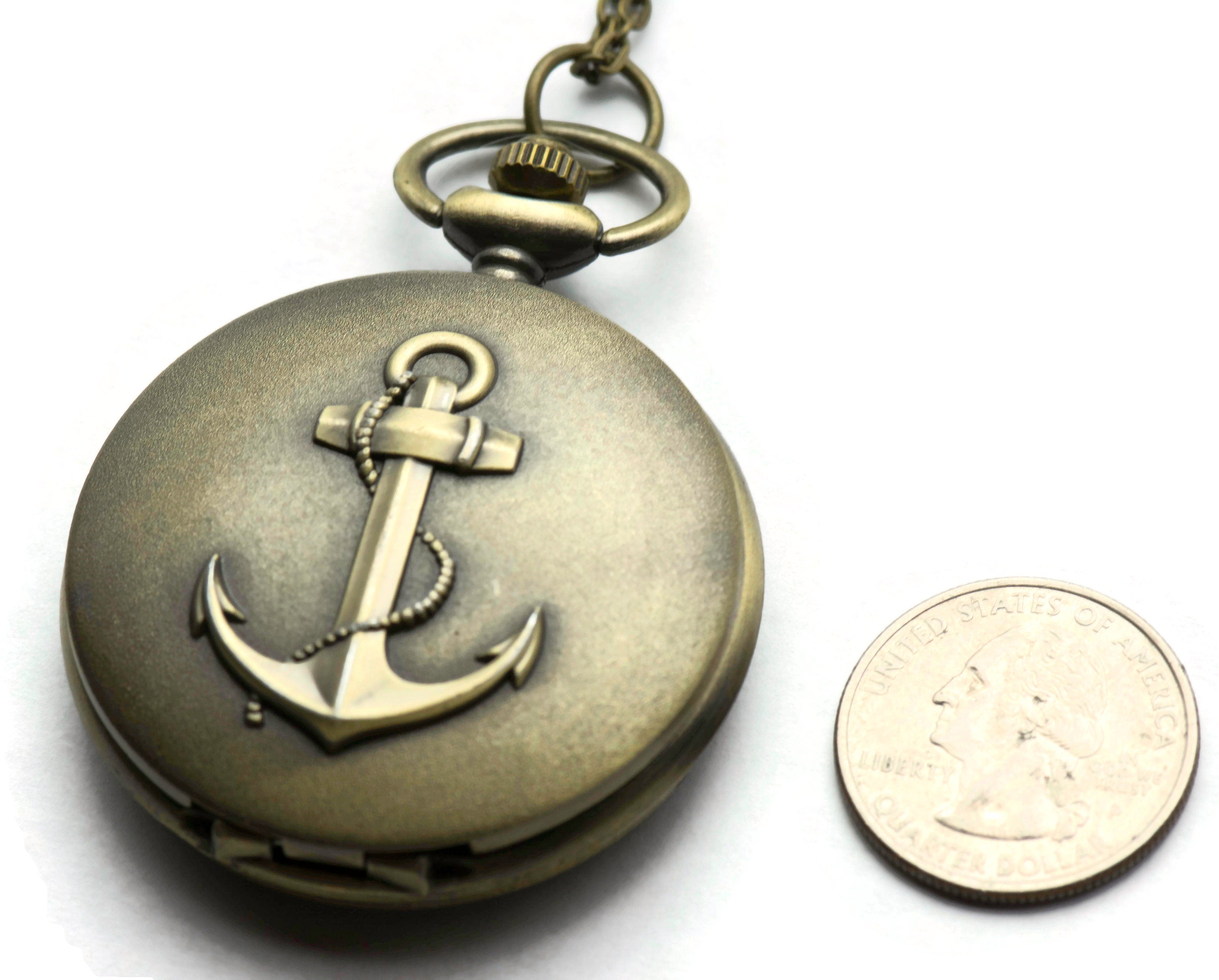 Large Antique Bronze Anchor Pocket Watch Necklace | Long Necklace Watch | Bronze Pocket Watch | Ladies Pocket Watch | Necklace - WA00065