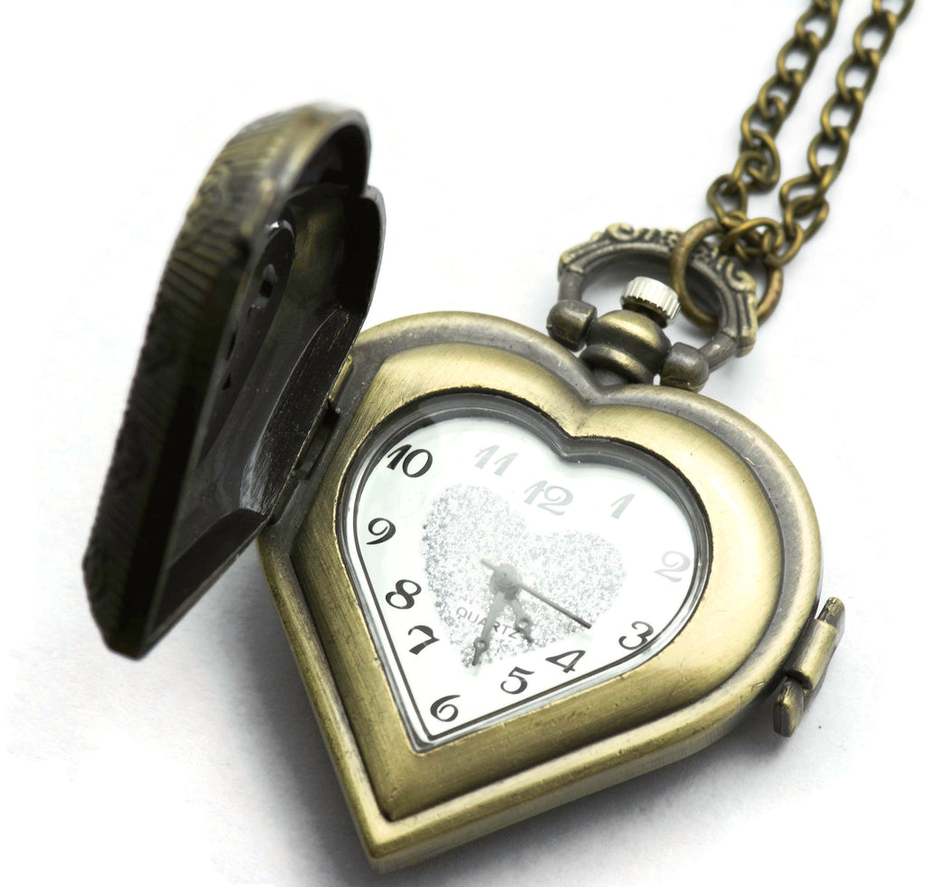 Carved Heart Pocket Watch Necklace / Long Necklace Watch / Watch Locket Necklace / Pocket Watch Pendant / Ladies Pocket Watch
