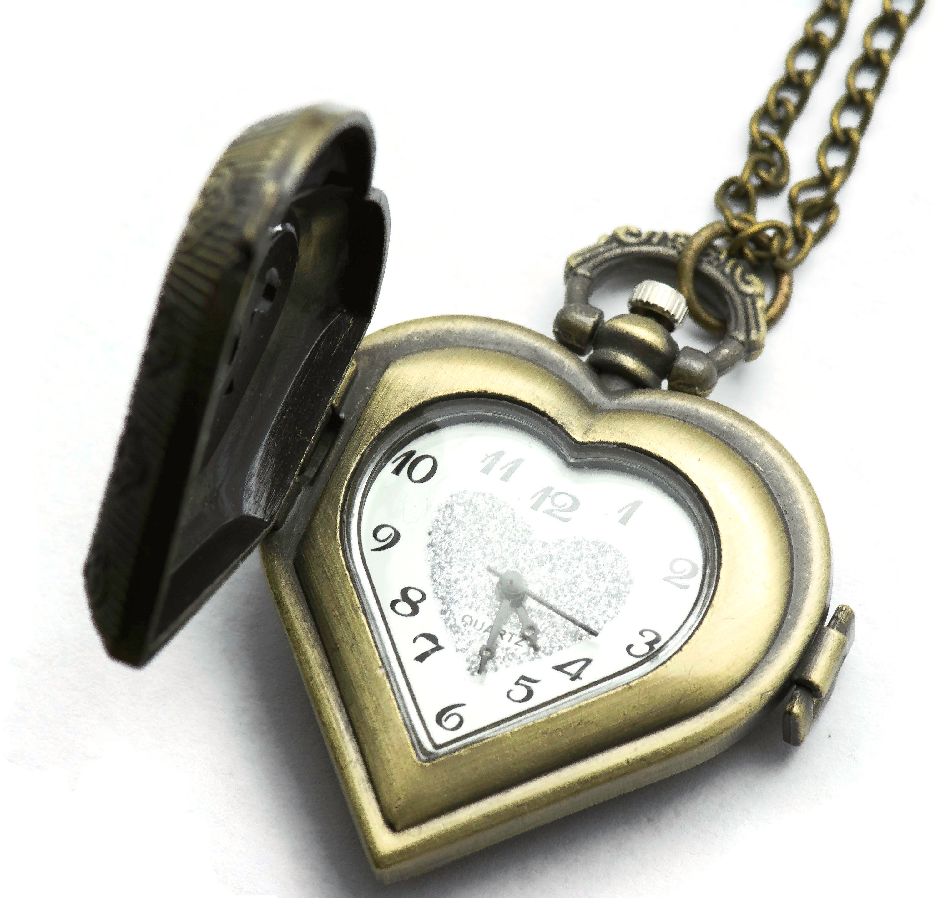 Carved Heart Pocket Watch Necklace / Long Necklace Watch / Watch Locket Necklace / Pocket Watch Pendant / Ladies Pocket Watch