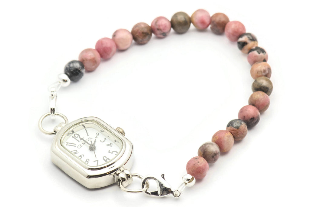 Rhodonite Semi-Precious Stone Watch Band • Gemstone Watch Band • Medical ID Bracelet • Handmade Watch Band • Stretch Watch Band