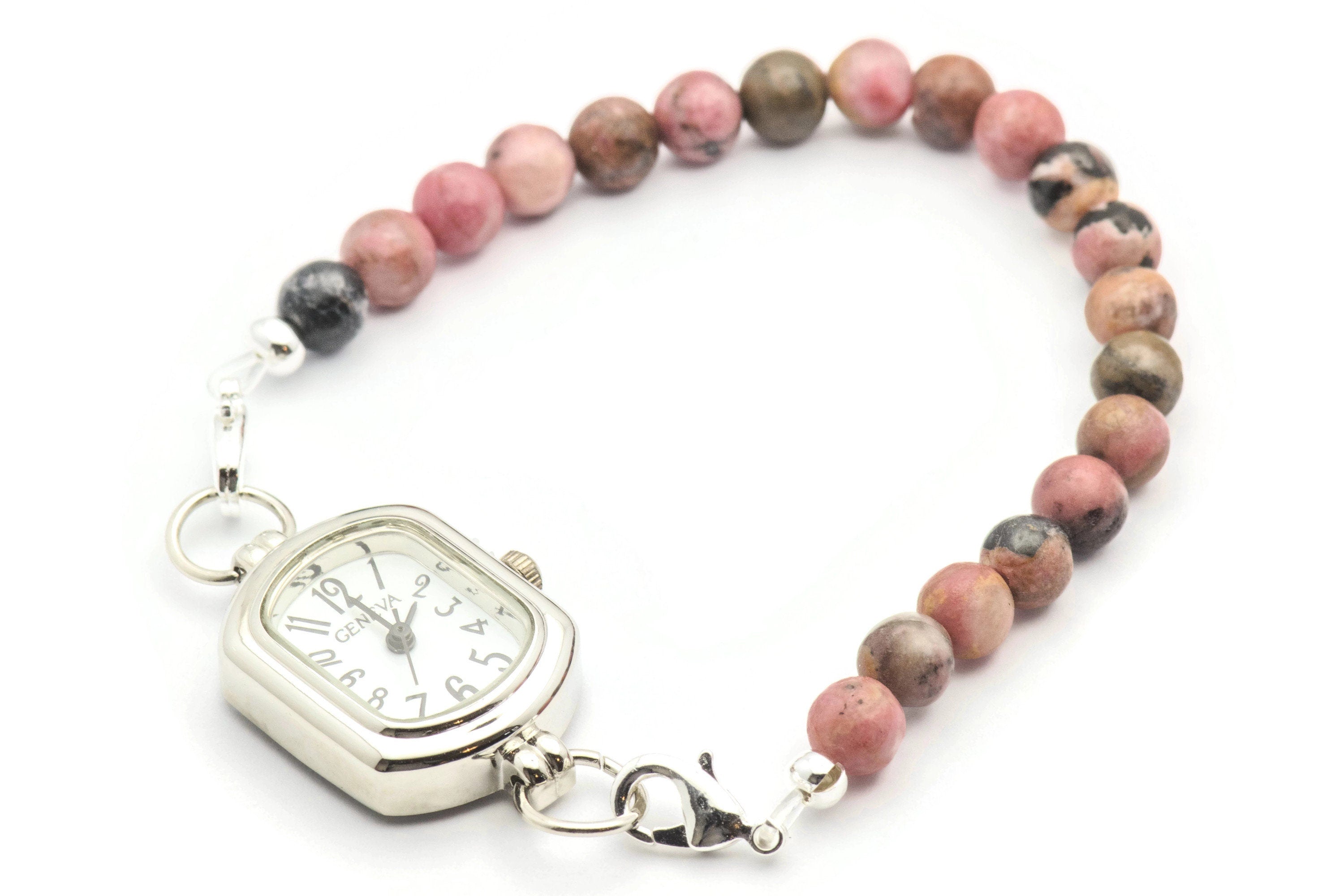 Rhodonite Semi-Precious Stone Watch Band • Gemstone Watch Band • Medical ID Bracelet • Handmade Watch Band • Stretch Watch Band