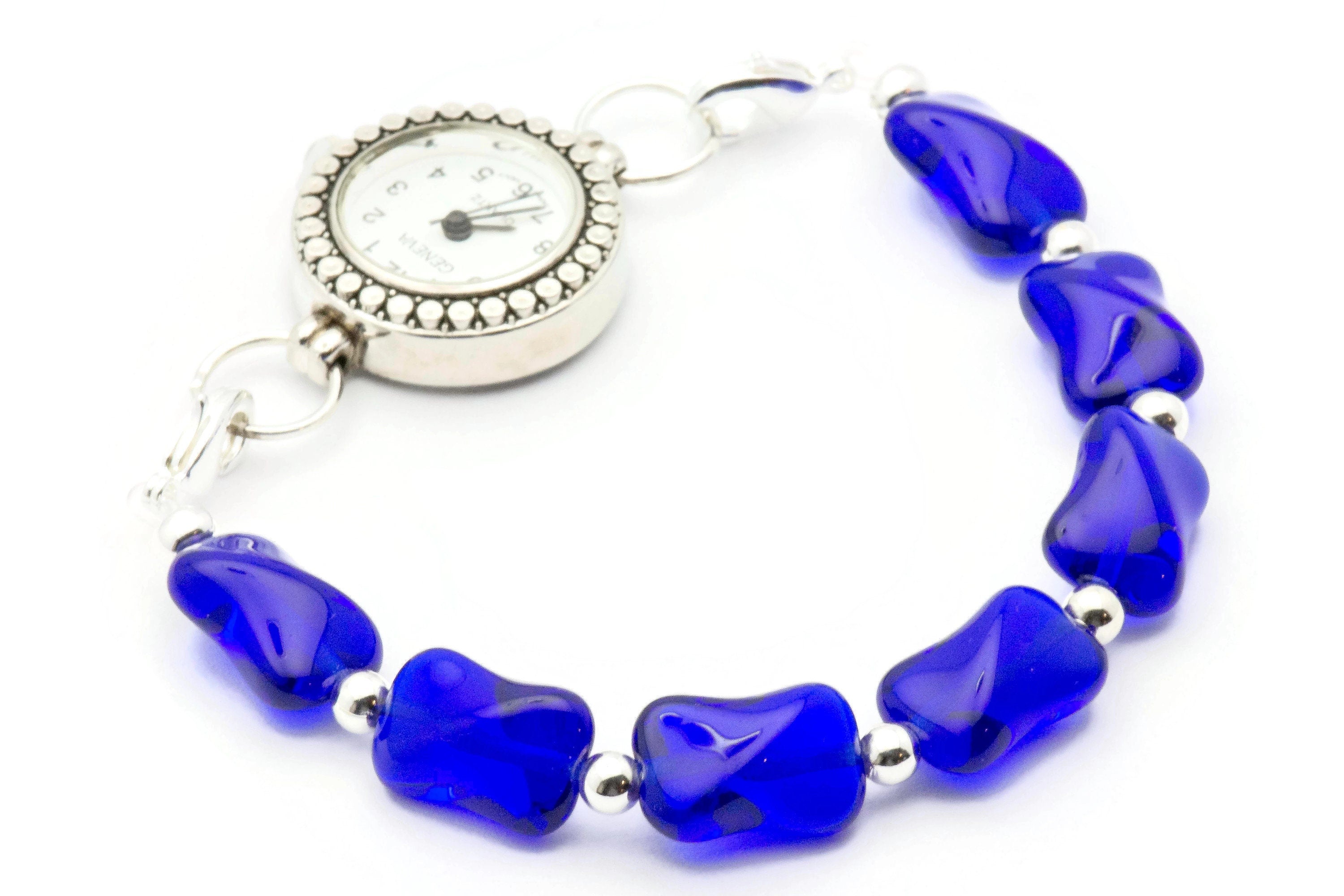 Czech Glass Blue Beaded Bracelet Watch Band • Medical ID Bracelet • Handmade Watch Band • Stretch Watch Band