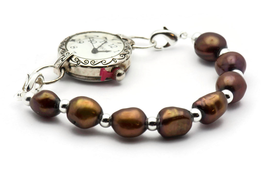 Brown Freshwater Pearl Watch Band • Medical ID Bracelet • Handmade Watch Band • Stretch Watch Band • Wrist Watch Band