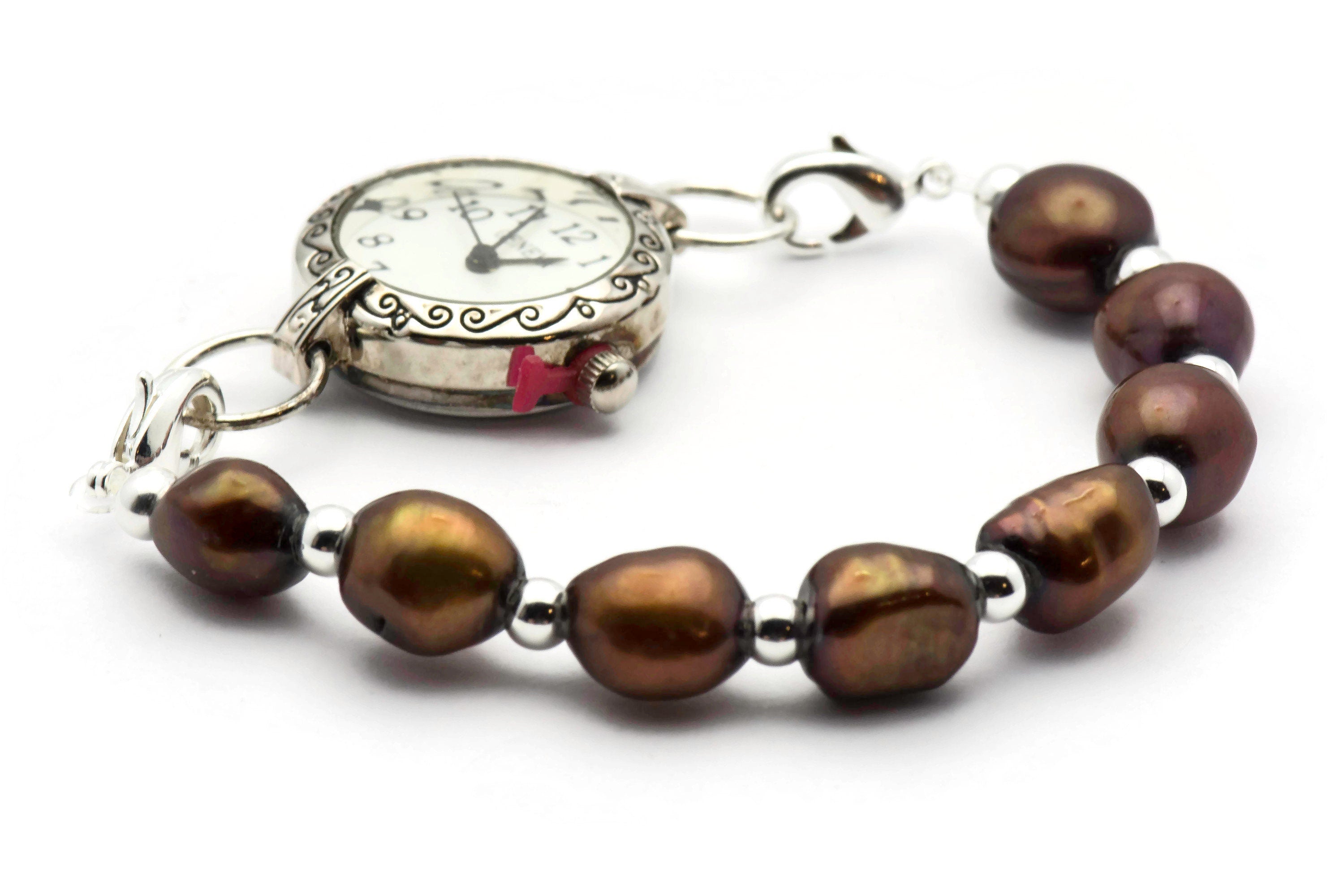 Brown Freshwater Pearl Watch Band • Medical ID Bracelet • Handmade Watch Band • Stretch Watch Band • Wrist Watch Band