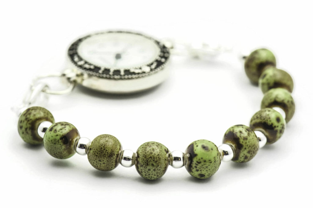 Green Ceramic Round Stretch Interchangeable Beaded Bracelet Watch Band • Medical ID Bracelet • Watch Band
