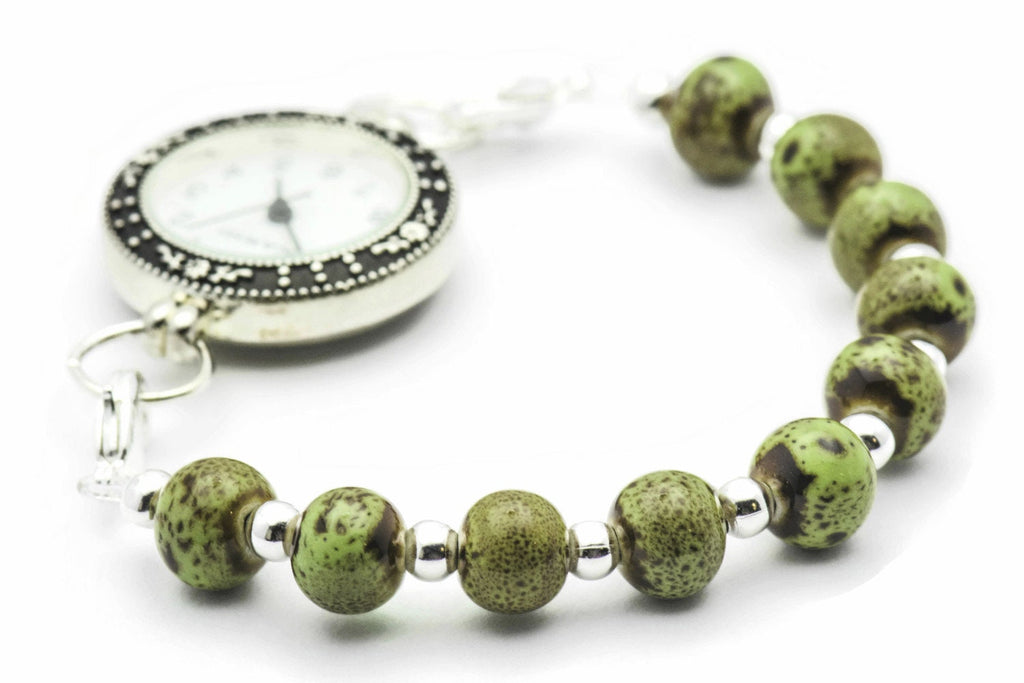 Green Ceramic Round Stretch Interchangeable Beaded Bracelet Watch Band • Medical ID Bracelet • Watch Band