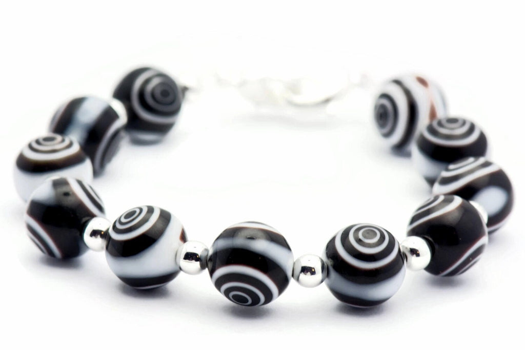 Black Eye Dot Stretch Interchangeable Beaded Bracelet Watch Band • Medical ID Bracelet • Glass Beaded Bracelet Watch Band