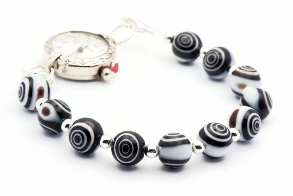 Black Eye Dot Stretch Interchangeable Beaded Bracelet Watch Band • Medical ID Bracelet • Glass Beaded Bracelet Watch Band