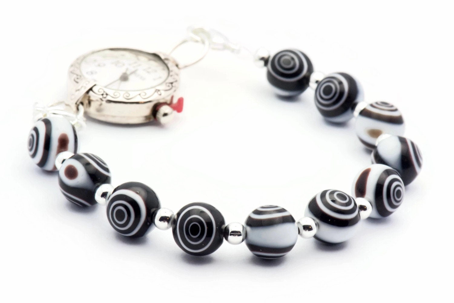 Black Eye Dot Stretch Interchangeable Beaded Bracelet Watch Band • Medical ID Bracelet • Glass Beaded Bracelet Watch Band