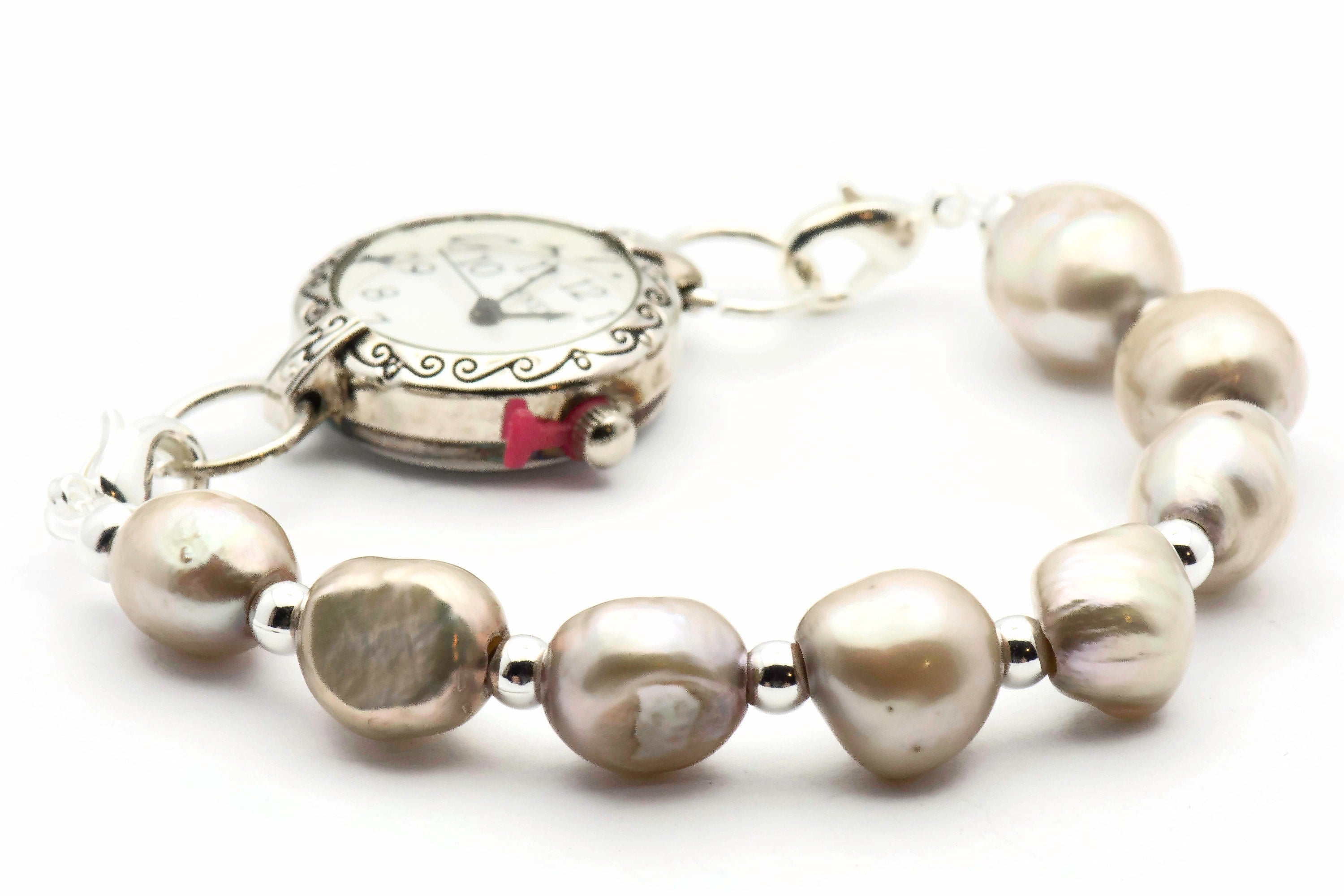Light Gray Freshwater Pearl Watch Band • Medical ID Bracelet • Handmade Watch Band • Stretch Watch Band