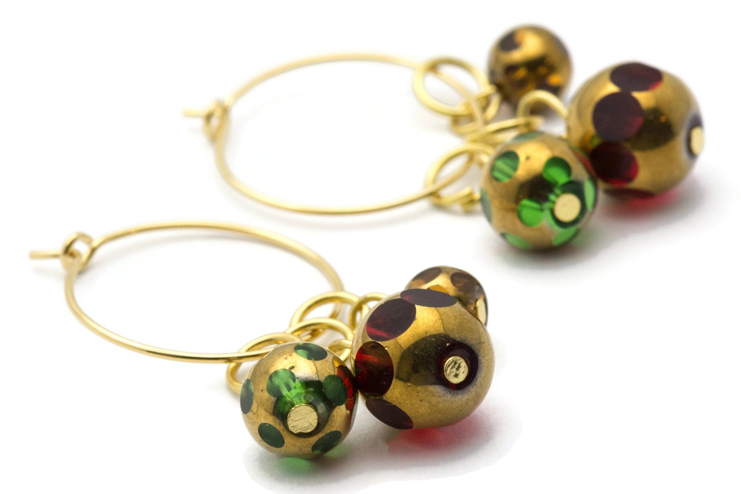 Christmas Hoop Earrings | Red Dotted Glass Hoop Earrings | Holiday Earrings | Gold Hoop Earrings | Open Hoop Earrings | 20mm - EA00483