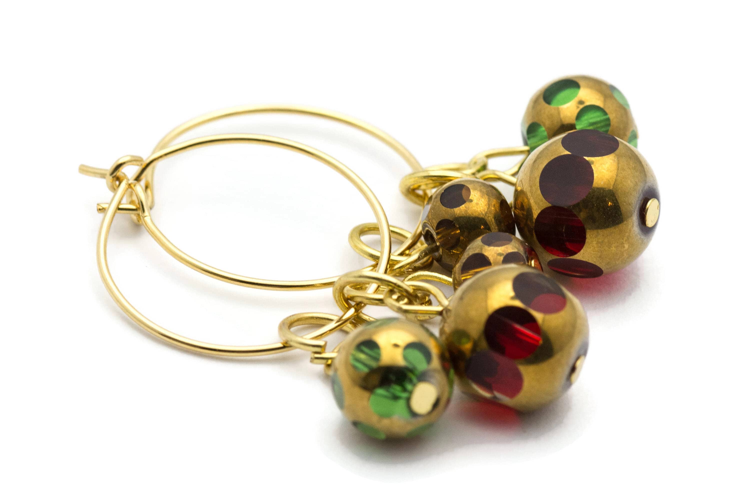 Christmas Hoop Earrings | Red Dotted Glass Hoop Earrings | Holiday Earrings | Gold Hoop Earrings | Open Hoop Earrings | 20mm - EA00483