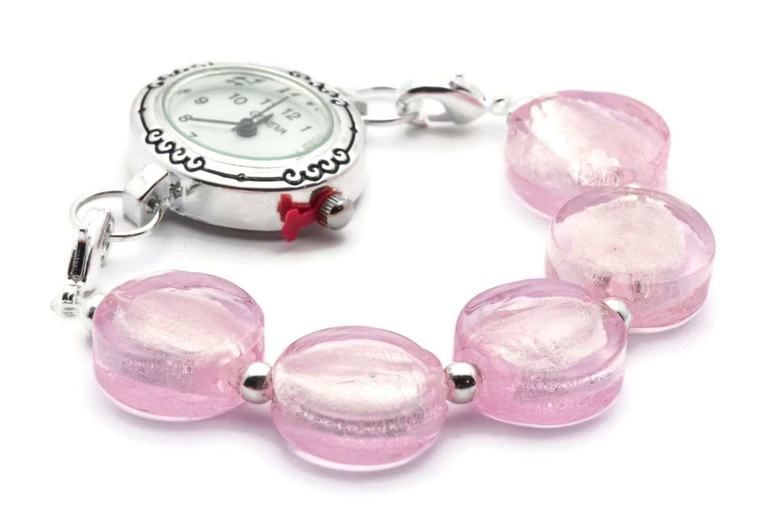Pink Foil Glass Stretch Interchangeable Beaded Bracelet Watch Band • Medical ID Bracelet • Bracelet Watch Band