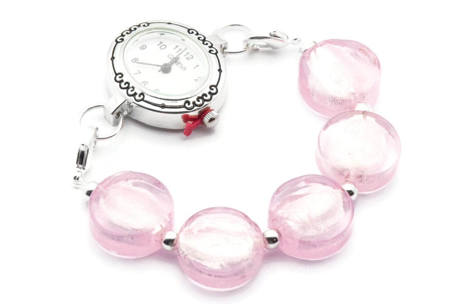 Pink Foil Glass Stretch Interchangeable Beaded Bracelet Watch Band • Medical ID Bracelet • Bracelet Watch Band