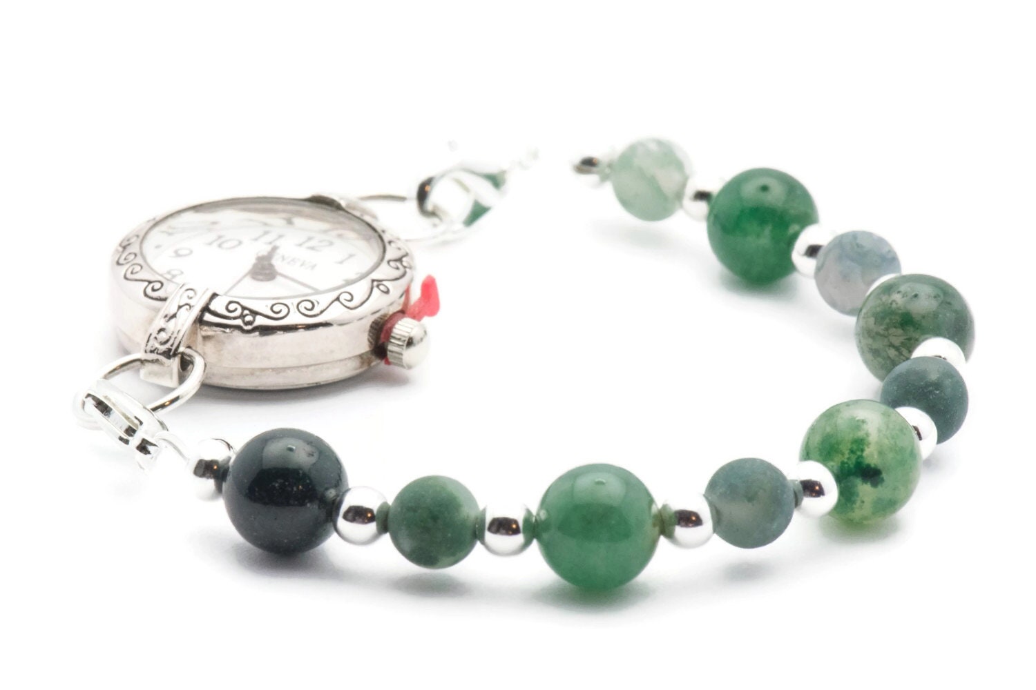 Moss Agate Stretch Interchangeable Beaded Bracelet Watch Band • Medical ID Bracelet • Bracelet Watch Band