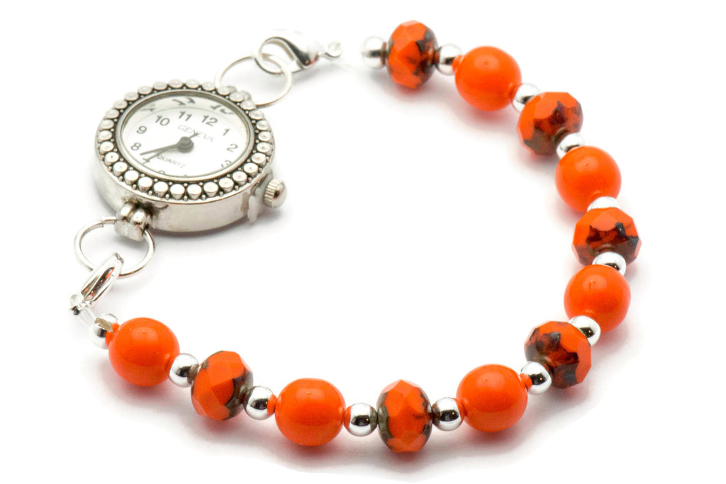 Orange Zest Glass Beaded Bracelet Watch Band • Medical ID Bracelet • Handmade Watch Band • Stretch Watch Band