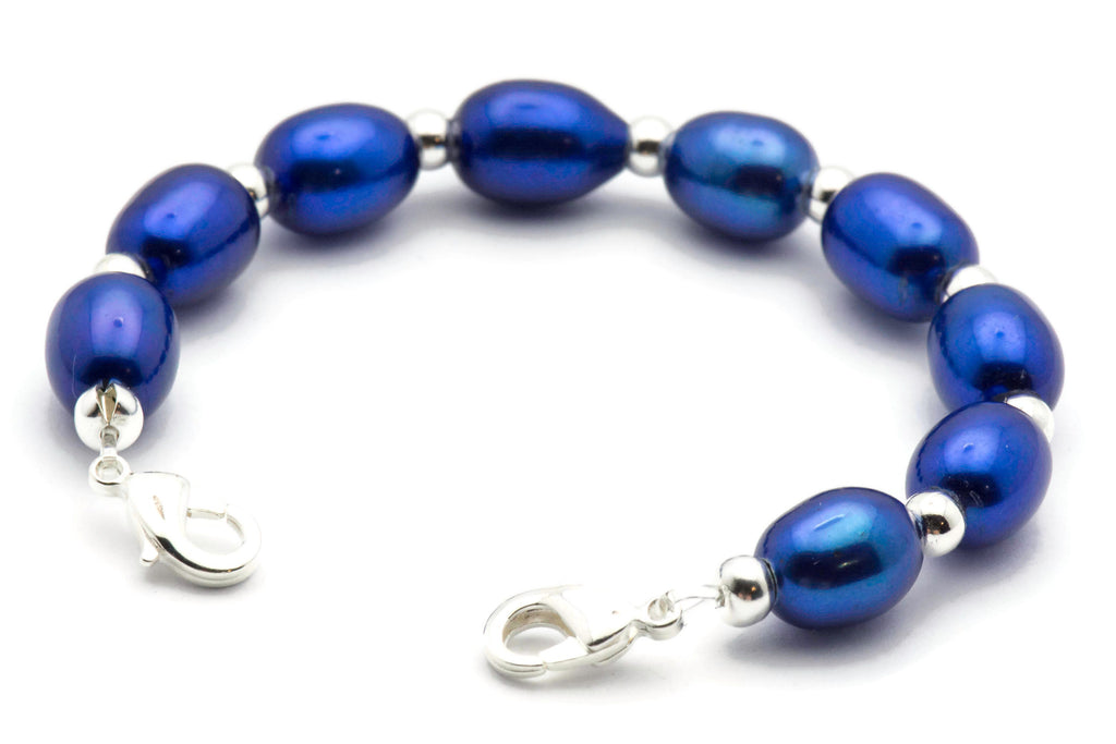 Sapphire Blue Freshwater Pearl Watch Band, Medical ID Bracelet • Handmade Watch Band • Stretch Watch Band