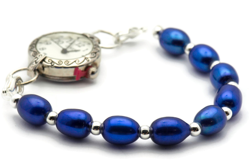 Sapphire Blue Freshwater Pearl Watch Band, Medical ID Bracelet • Handmade Watch Band • Stretch Watch Band