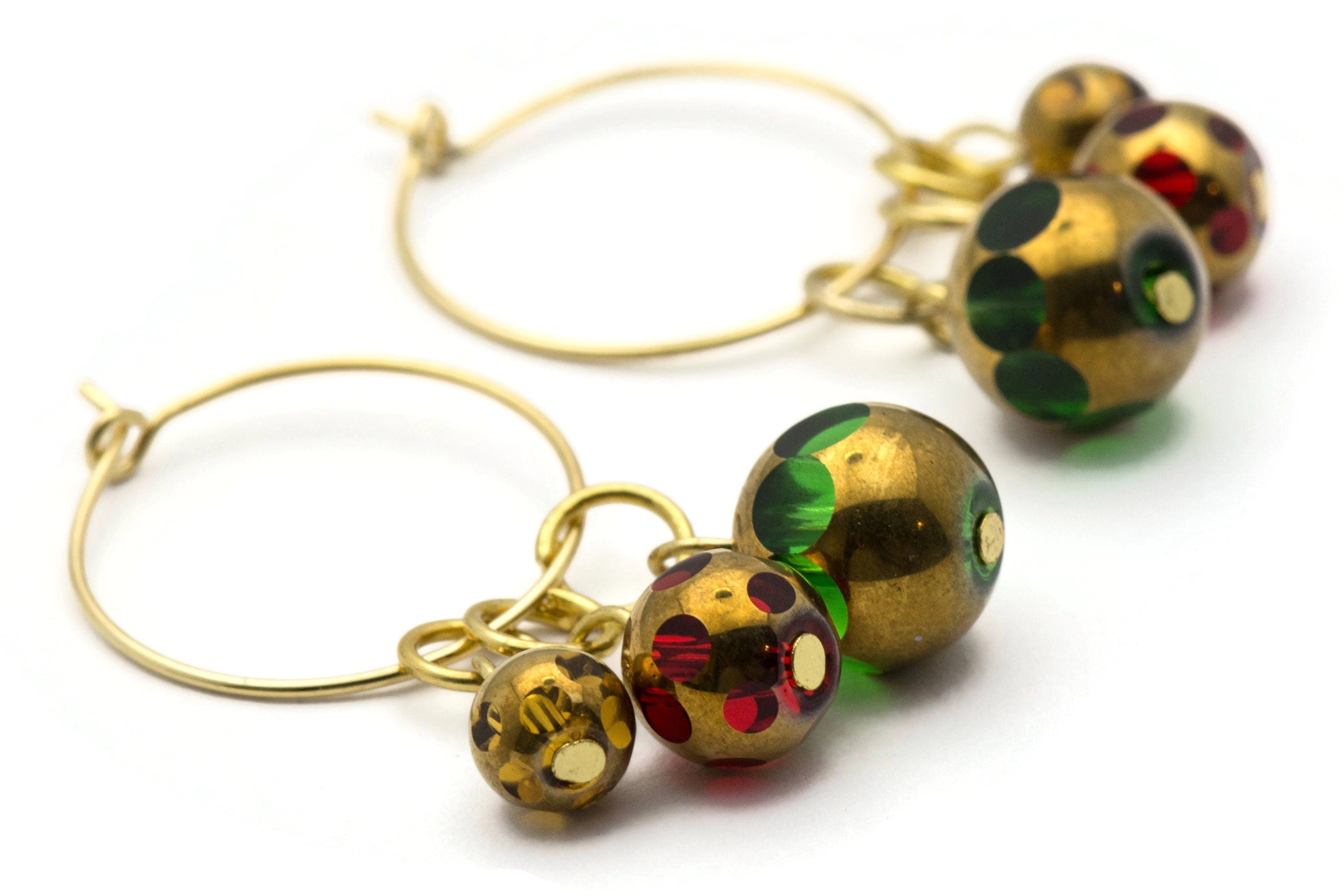 Christmas Hoop Earrings | Green Dotted Glass Hoop Earrings | Holiday Earrings | Gold Hoop Earrings | Open Hoop Earrings | 20mm - EA00483