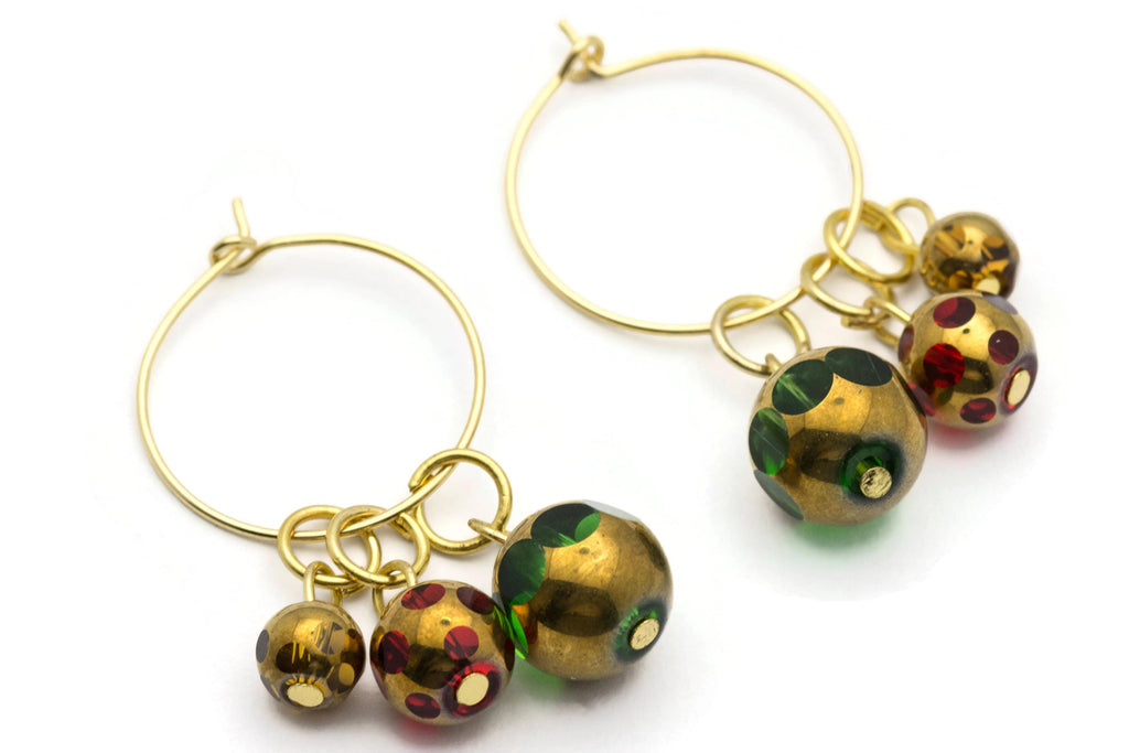 Christmas Hoop Earrings | Green Dotted Glass Hoop Earrings | Holiday Earrings | Gold Hoop Earrings | Open Hoop Earrings | 20mm - EA00483