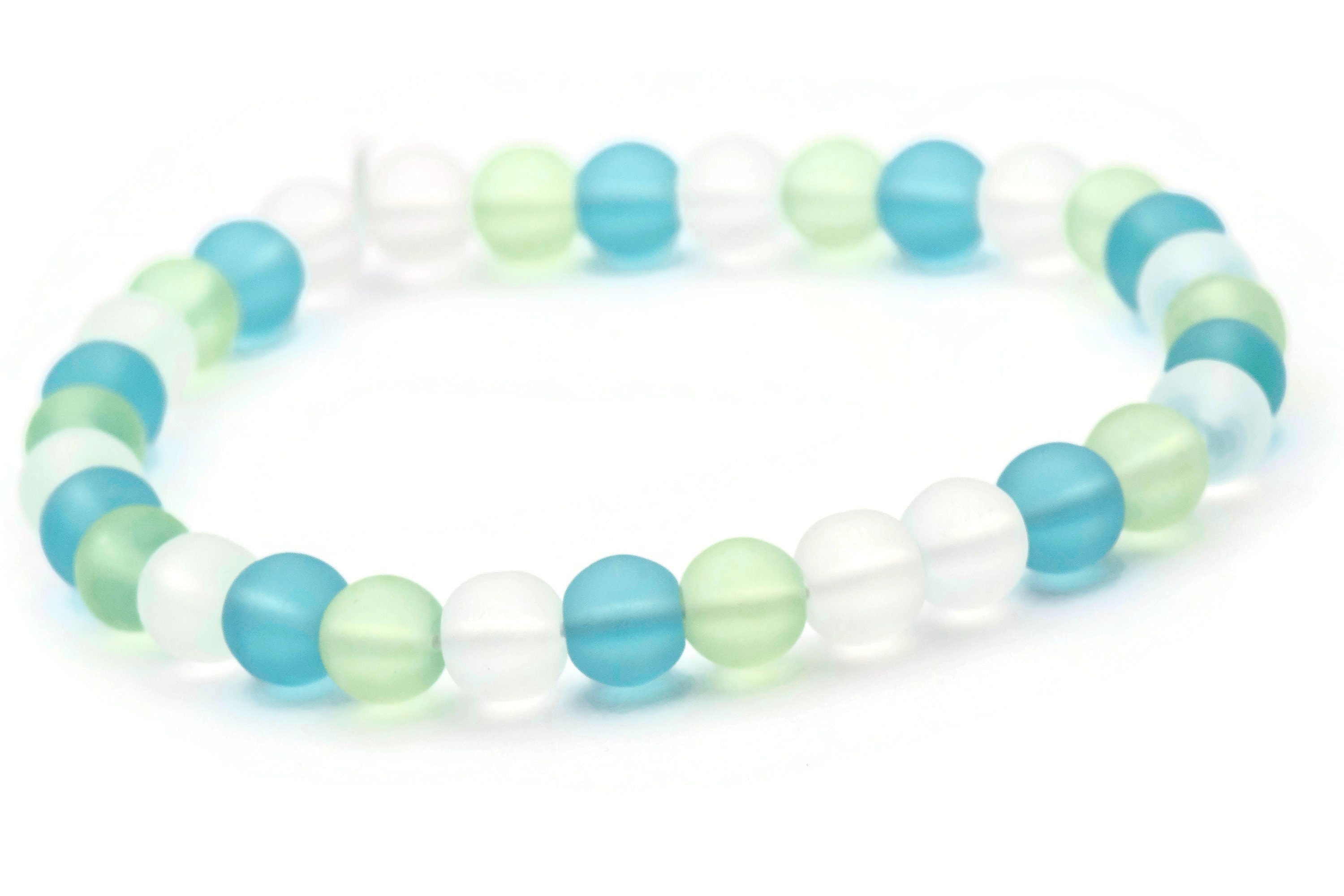 Ocean Hues Glass Beaded Stretch Anklet • Blue, Green and White Beach Jewelry