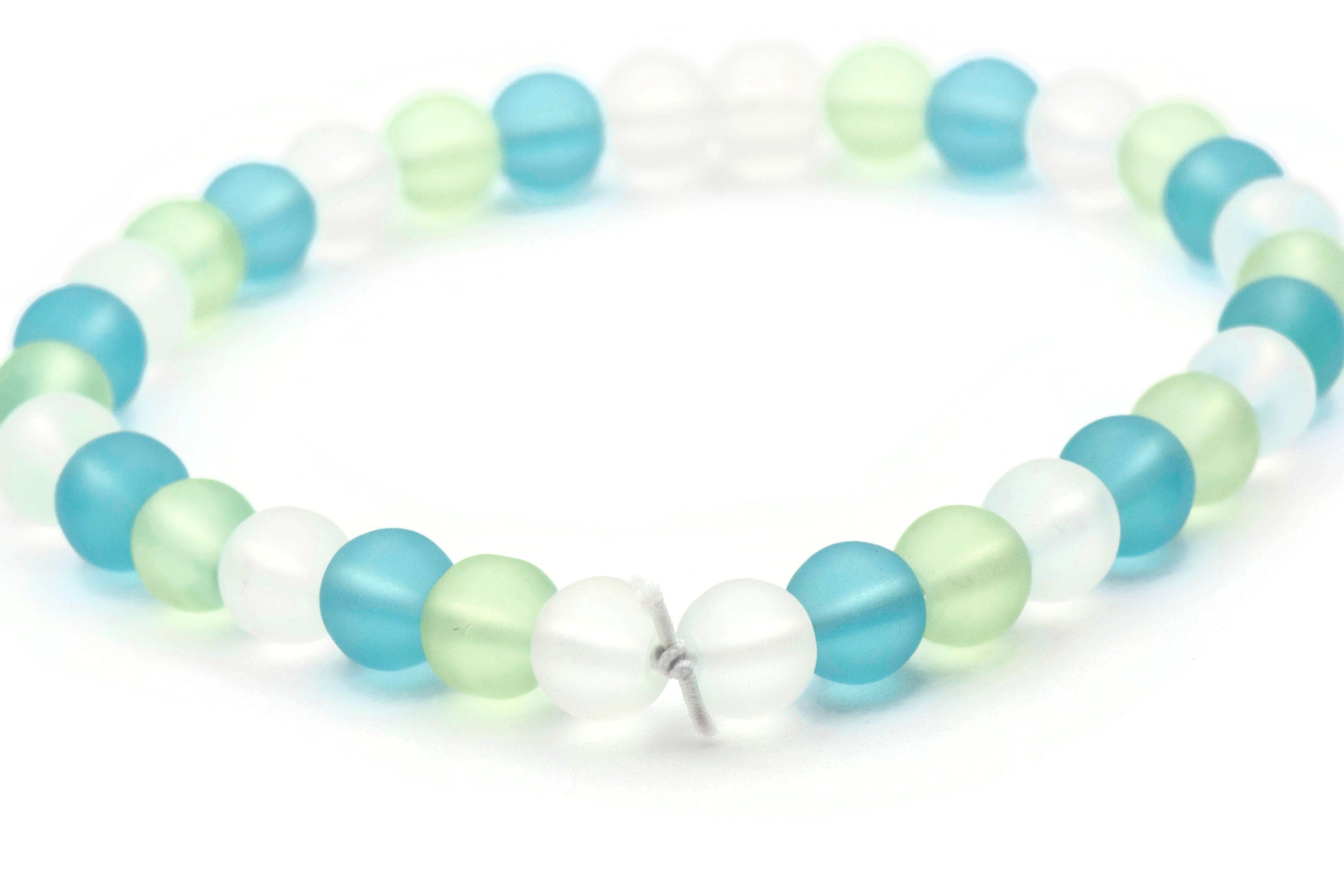 Ocean Hues Glass Beaded Stretch Anklet • Blue, Green and White Beach Jewelry