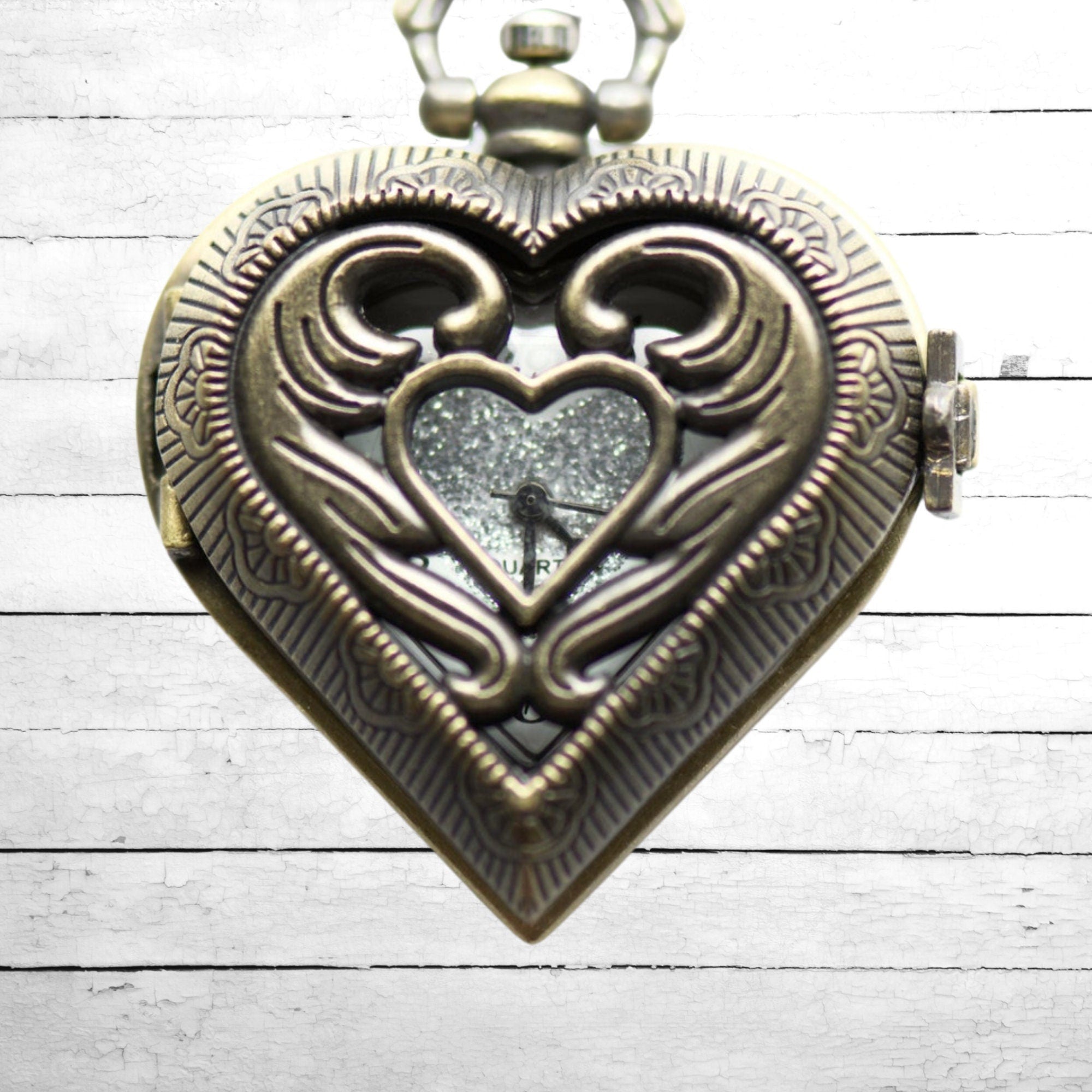 Carved Heart Pocket Watch Necklace / Long Necklace Watch / Watch Locket Necklace / Pocket Watch Pendant / Ladies Pocket Watch