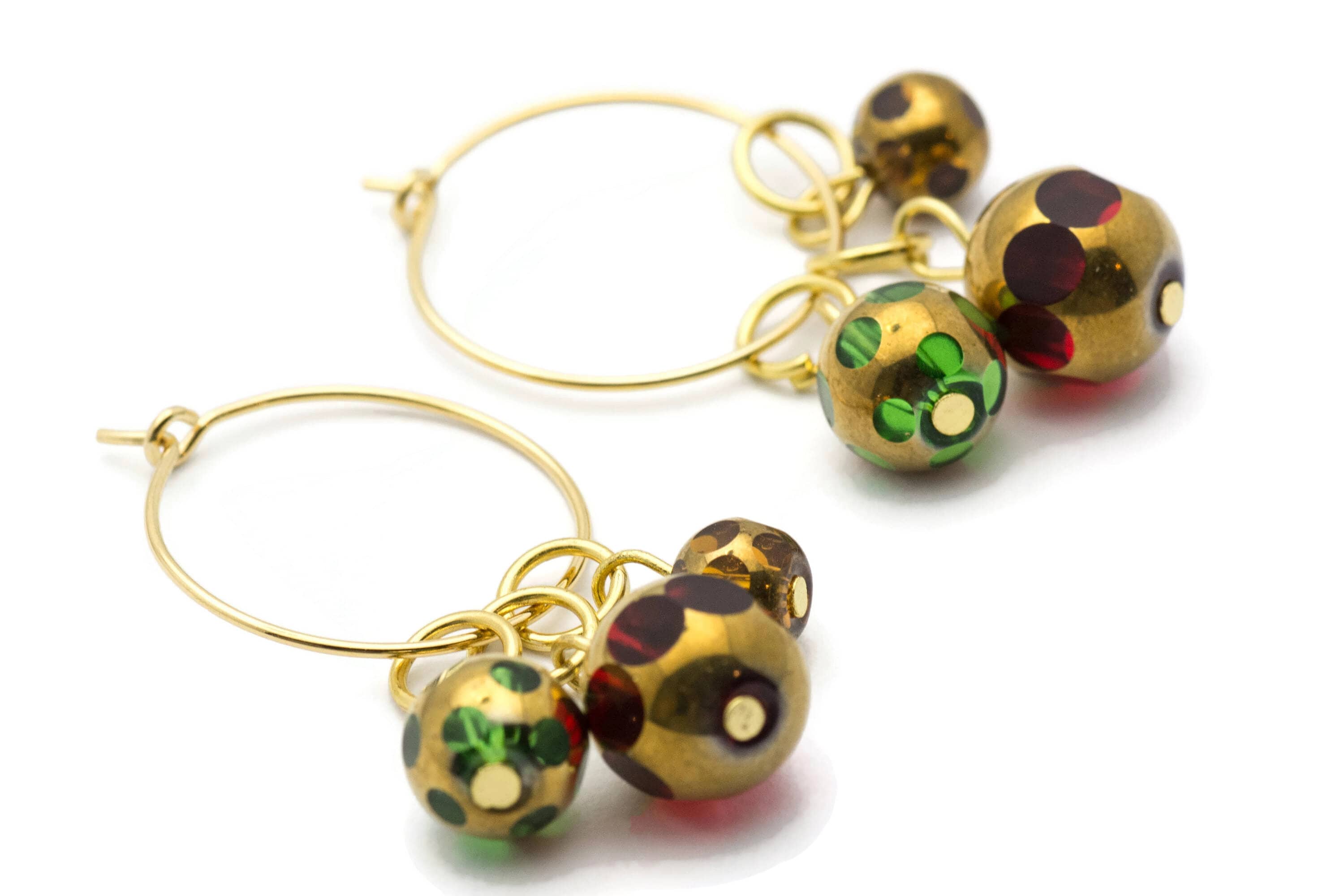 Christmas Hoop Earrings | Red Dotted Glass Hoop Earrings | Holiday Earrings | Gold Hoop Earrings | Open Hoop Earrings | 20mm - EA00483