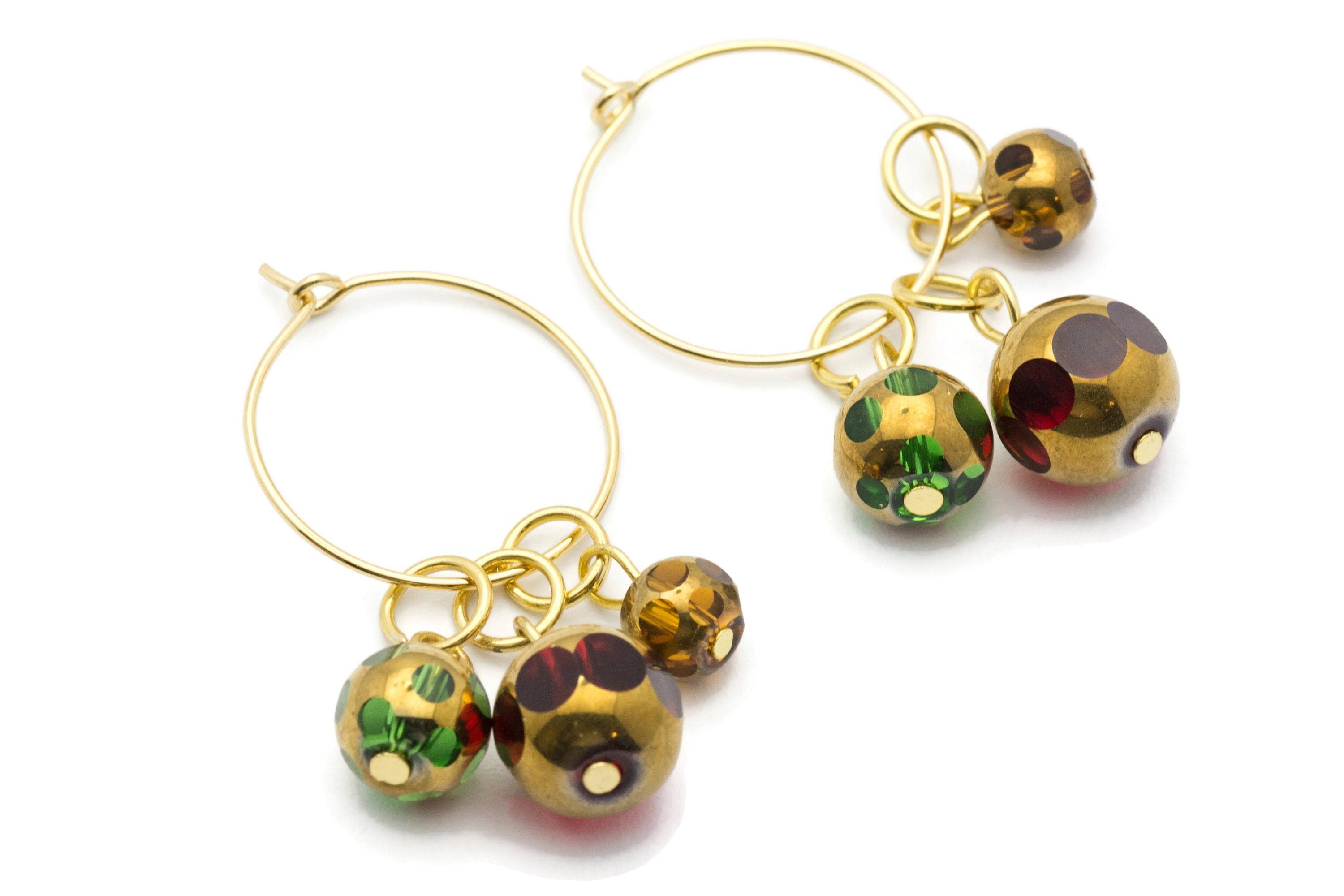 Christmas Hoop Earrings | Red Dotted Glass Hoop Earrings | Holiday Earrings | Gold Hoop Earrings | Open Hoop Earrings | 20mm - EA00483