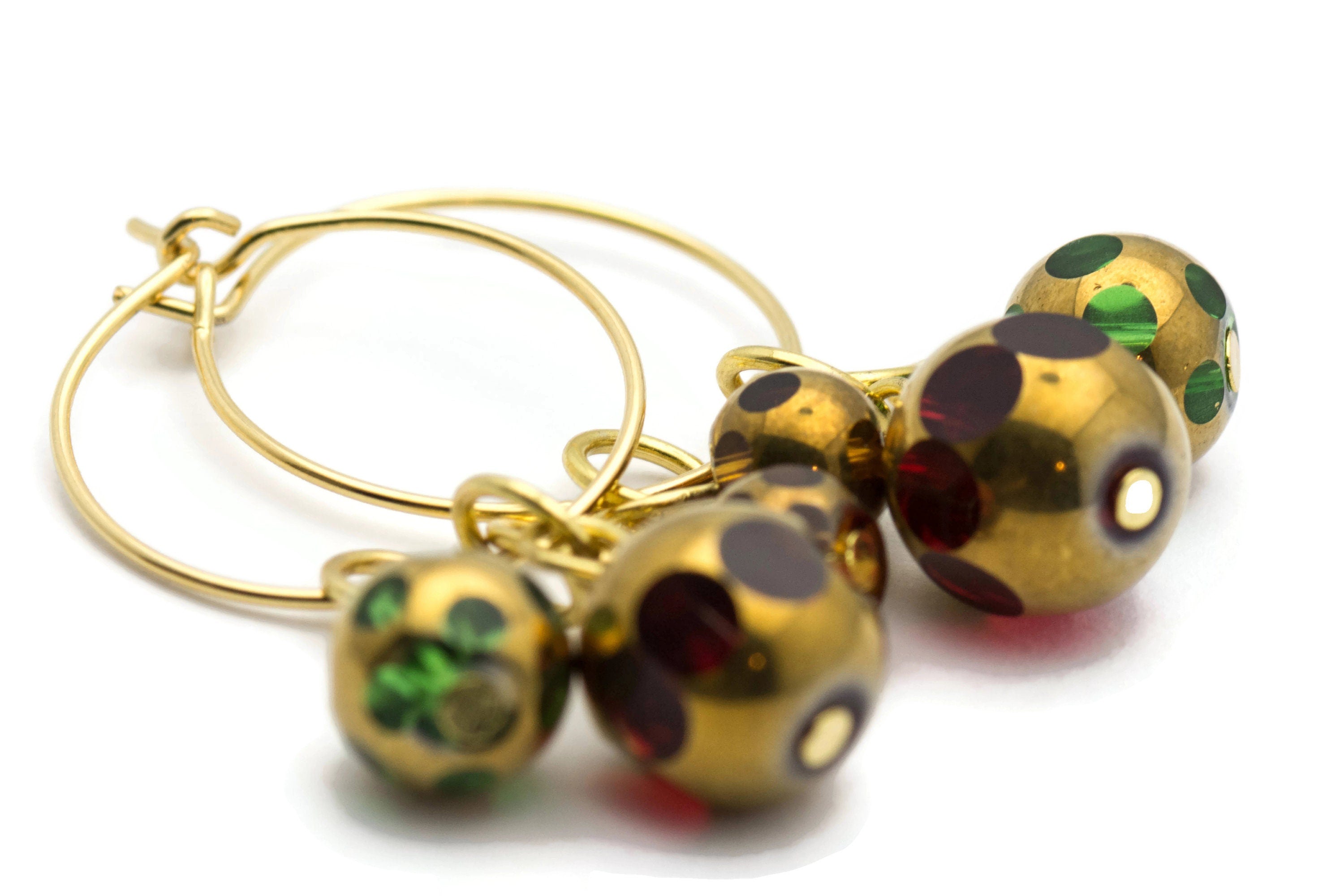 Christmas Hoop Earrings | Red Dotted Glass Hoop Earrings | Holiday Earrings | Gold Hoop Earrings | Open Hoop Earrings | 20mm - EA00483