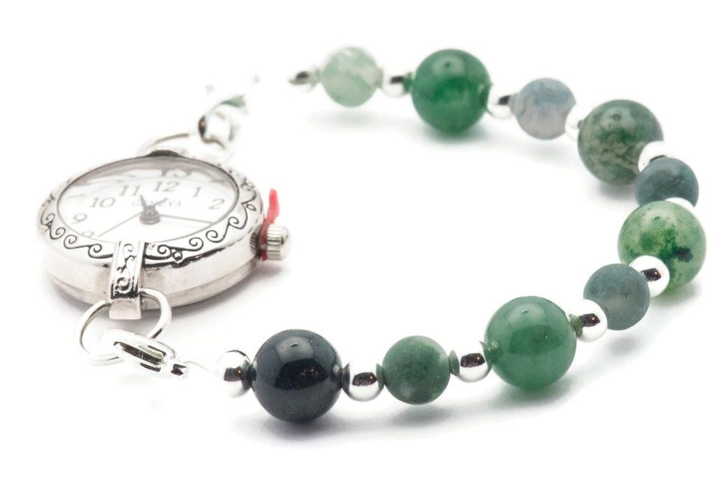 Moss Agate Stretch Interchangeable Beaded Bracelet Watch Band • Medical ID Bracelet • Bracelet Watch Band