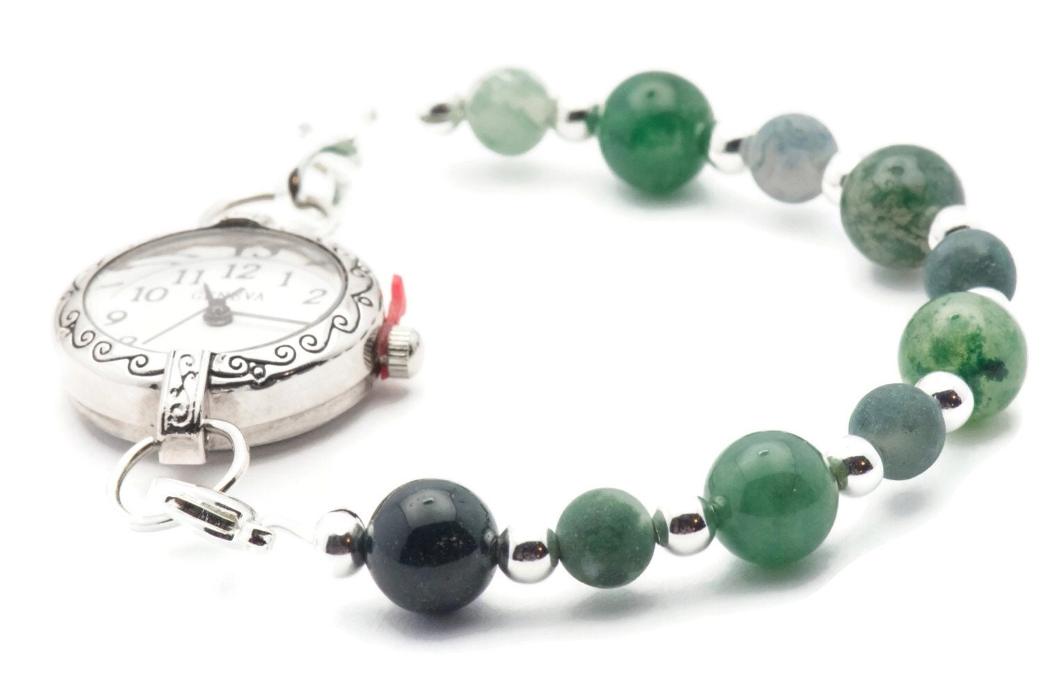 Moss Agate Stretch Interchangeable Beaded Bracelet Watch Band • Medical ID Bracelet • Bracelet Watch Band