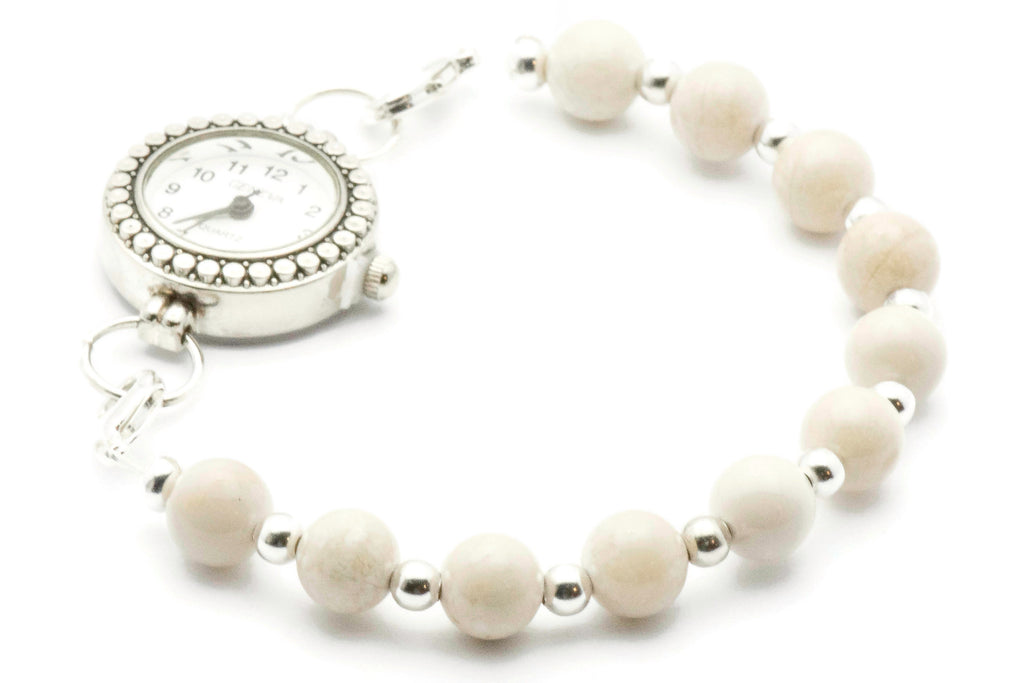 Natural Fossil Beaded Bracelet Watch Band, Medical ID Bracelet • Handmade Watch Band • Stretch Watch Band