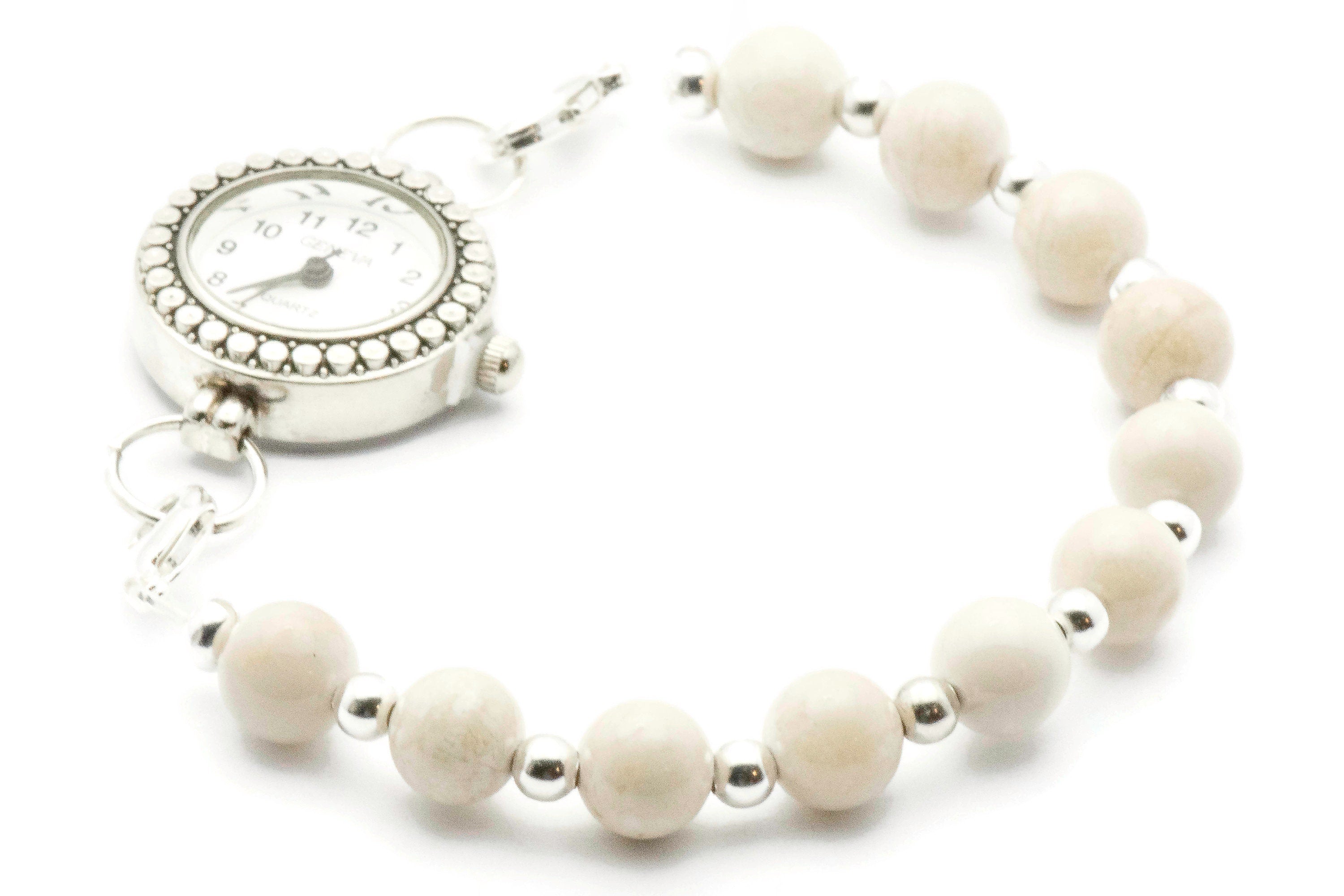 Natural Fossil Beaded Bracelet Watch Band, Medical ID Bracelet • Handmade Watch Band • Stretch Watch Band